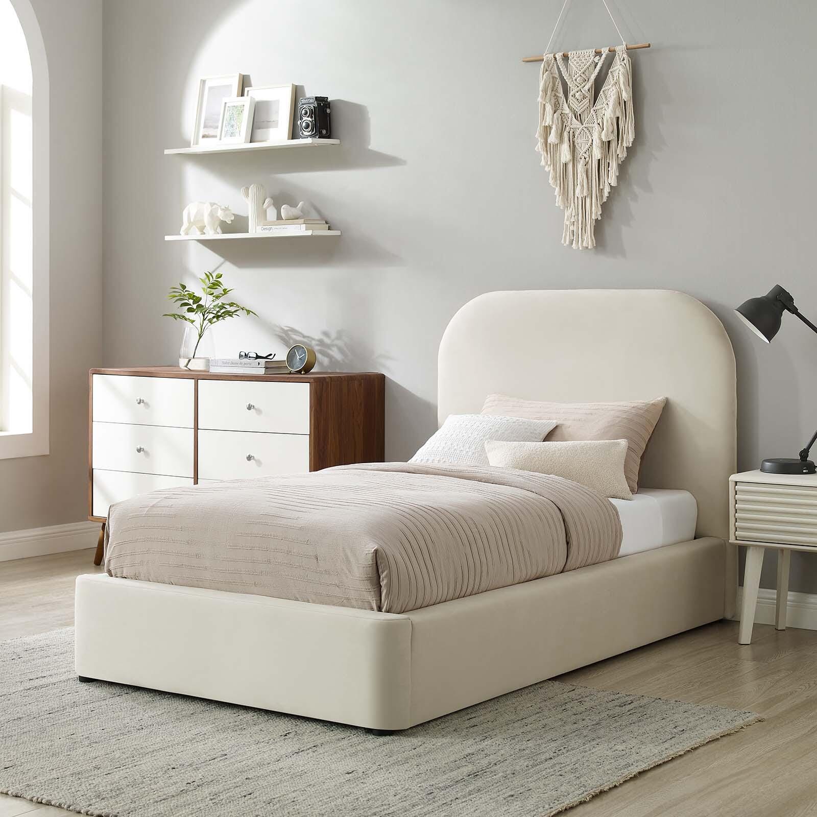 Keynote Performance Velvet Curved Twin Platform Bed, Alabaster, large