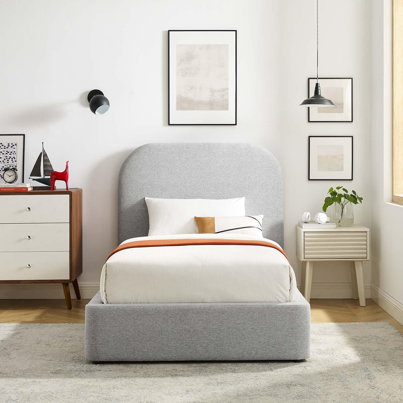 Keynote Upholstered Fabric Curved Twin Platform Bed, Light Gray, large