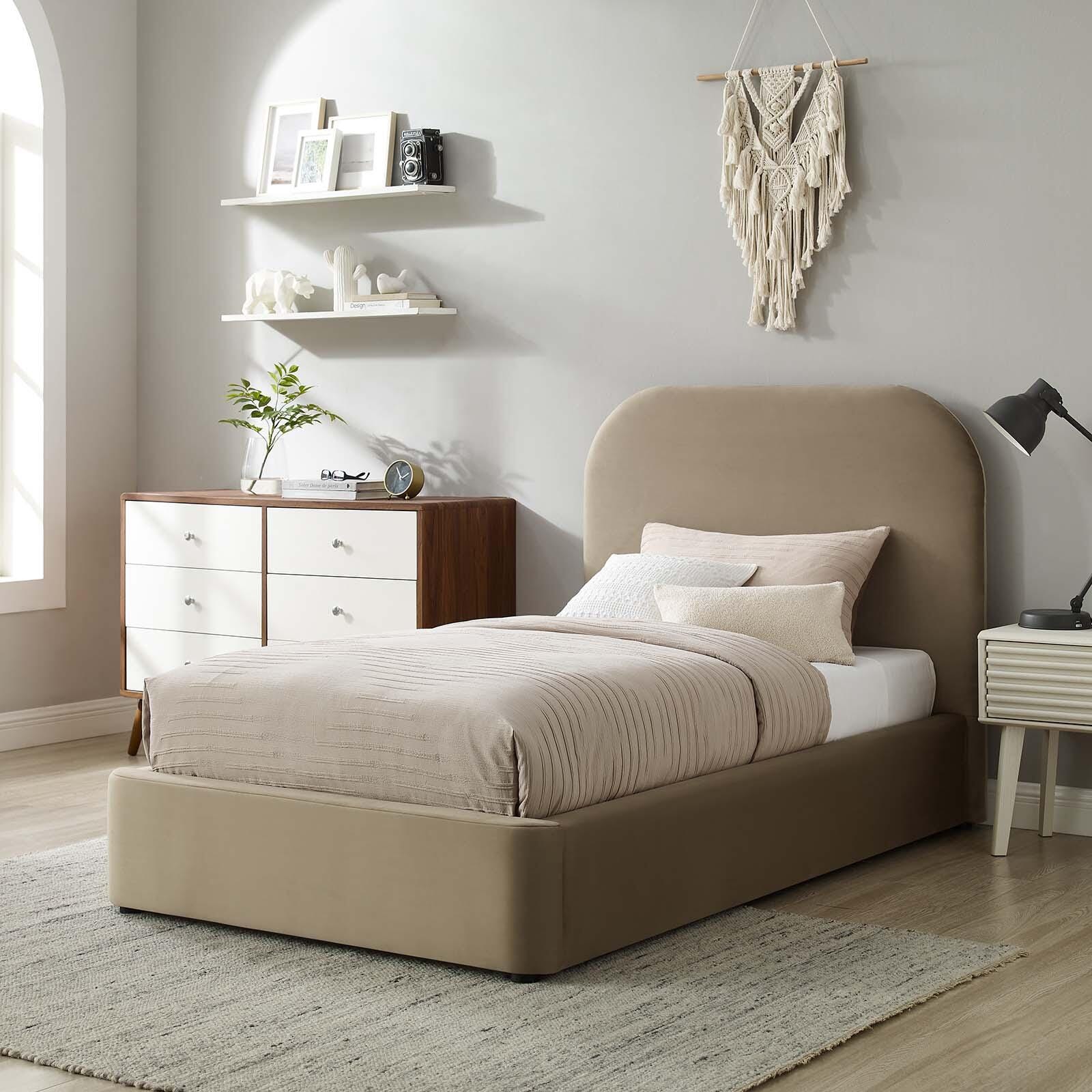 Keynote Performance Velvet Curved Twin Platform Bed, Taupe, large