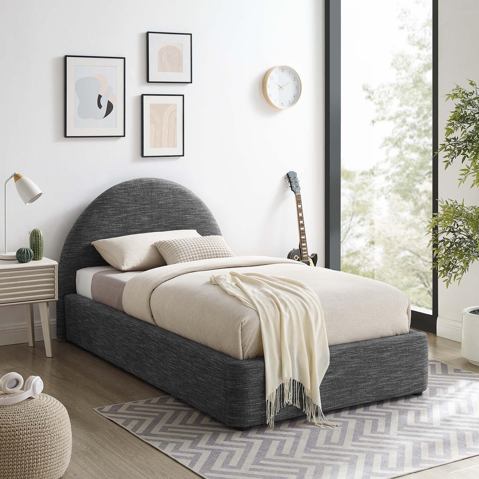 Resort Upholstered Fabric Arched Round Twin Platform Bed, Slate, large