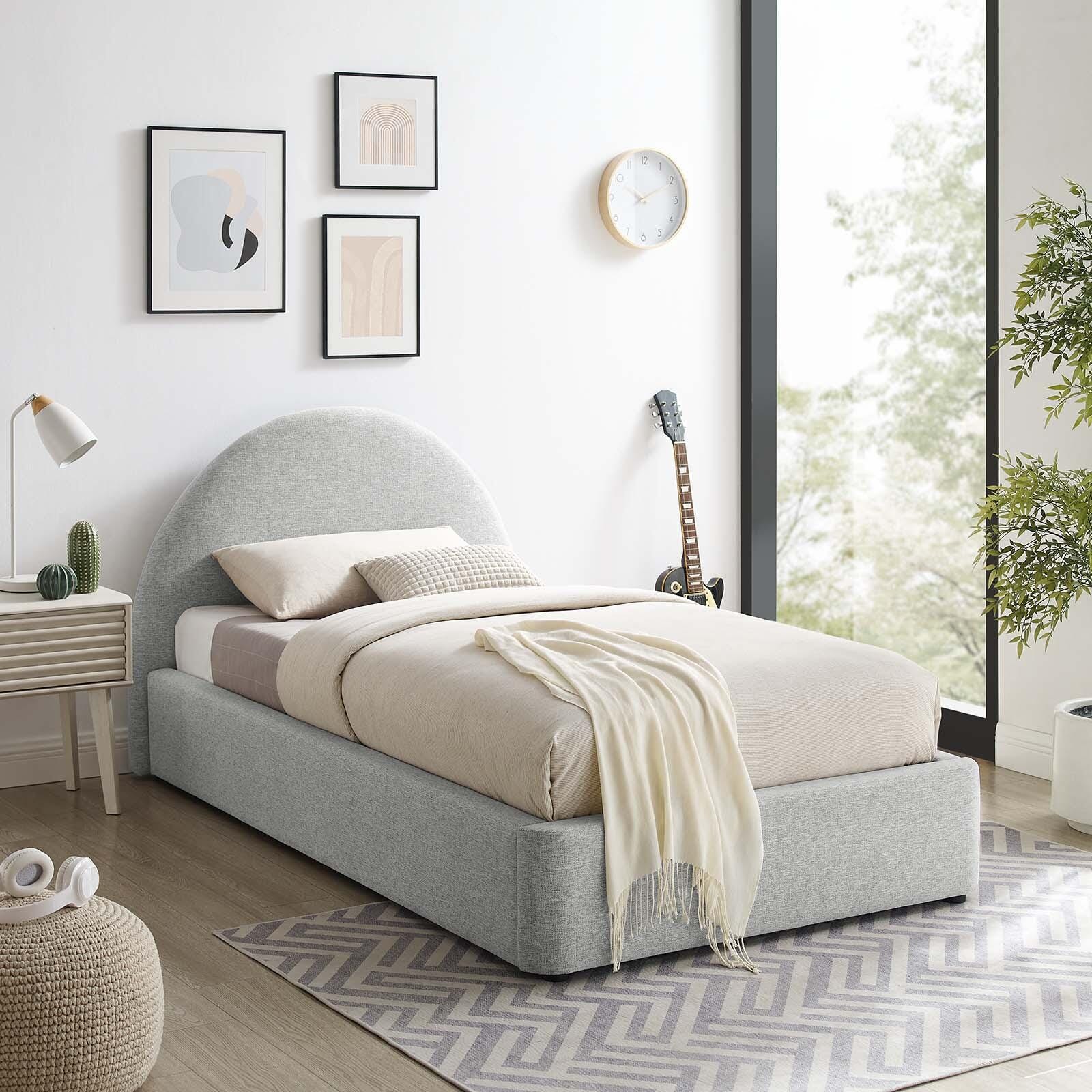 Resort Upholstered Fabric Arched Round Twin Platform Bed, Light Gray, large