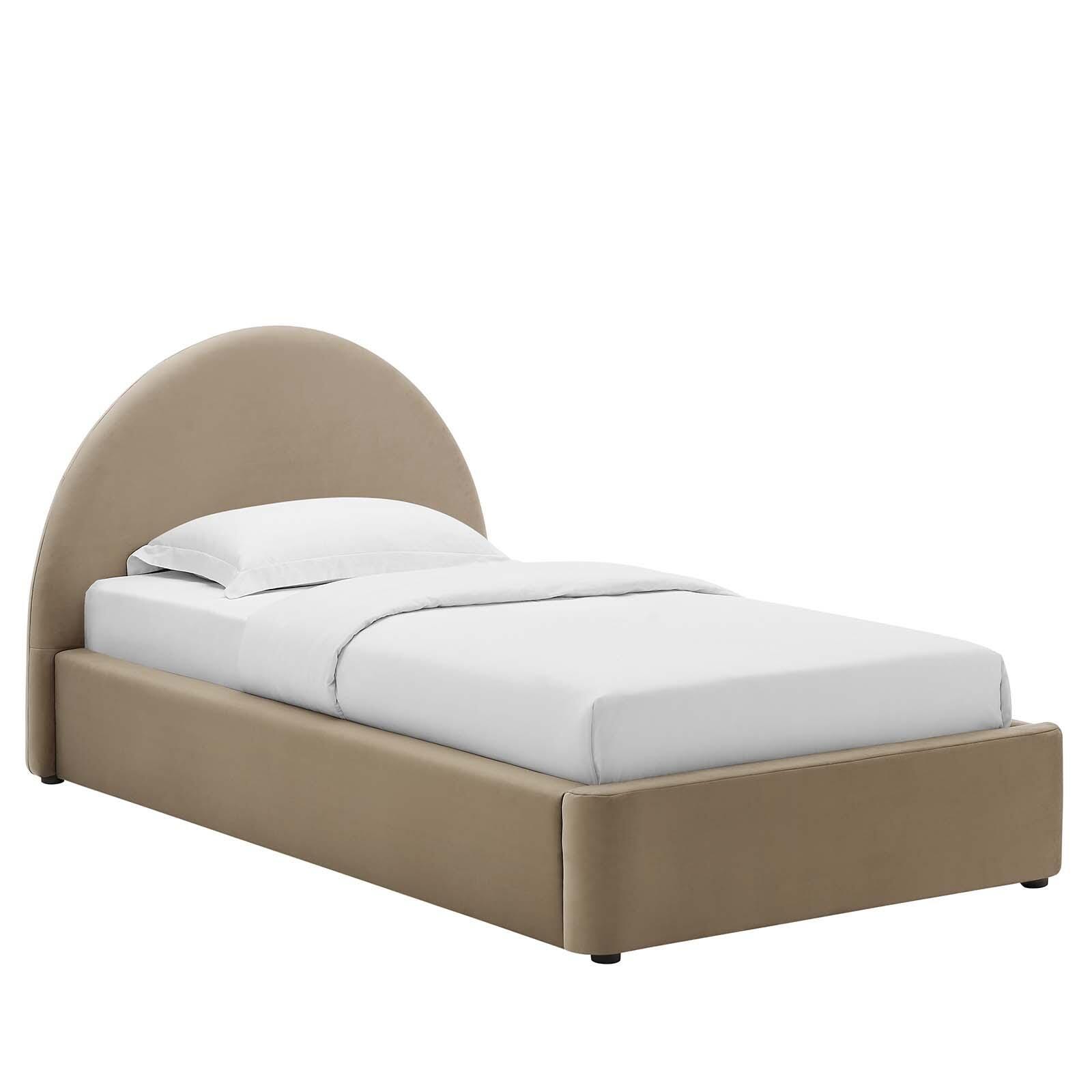 Resort Performance Velvet Arched Round Twin Platform Bed, Taupe, large