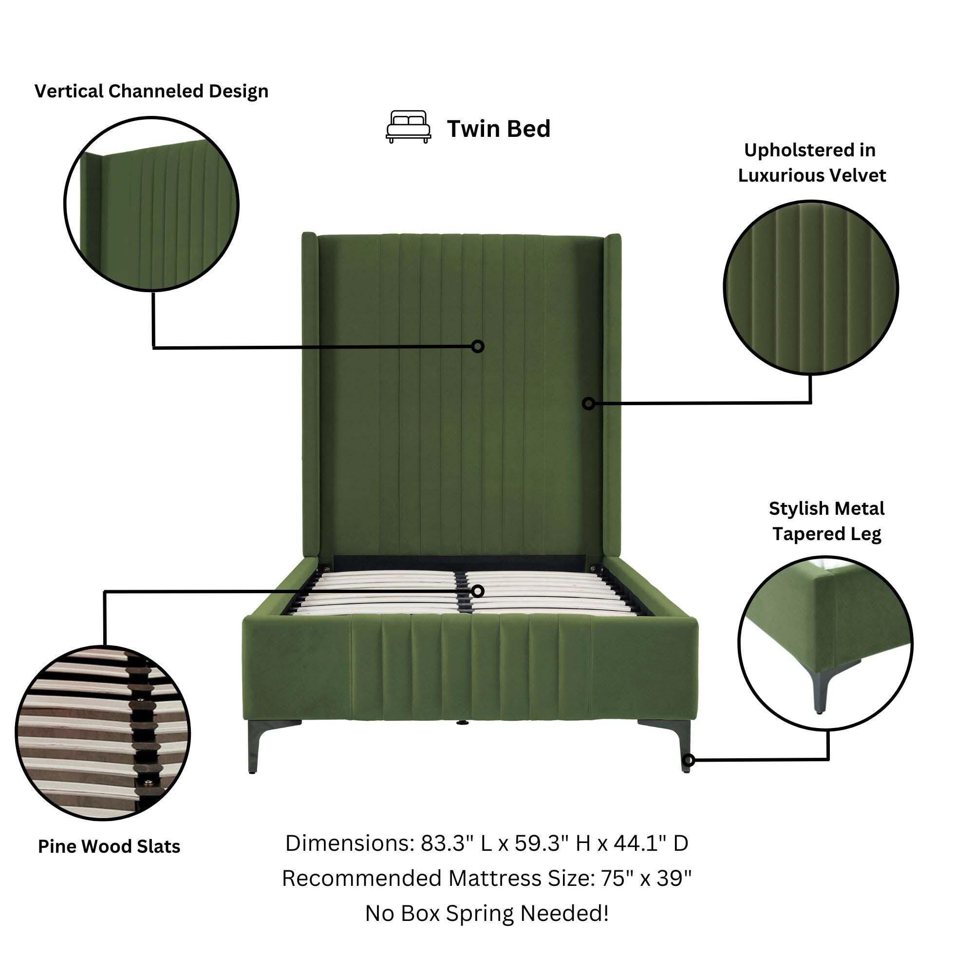 Manhattan Comfort Promenade Twin Wingback Bed, Moss Green, large
