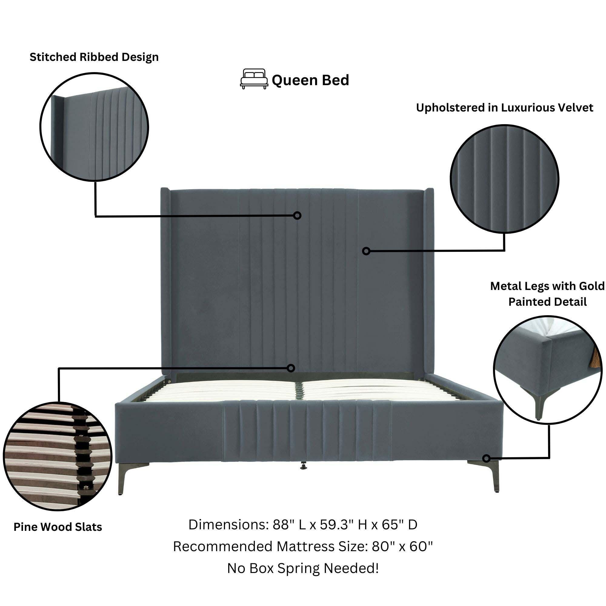 Manhattan Comfort Promenade Queen Wingback Bed, Gray, large
