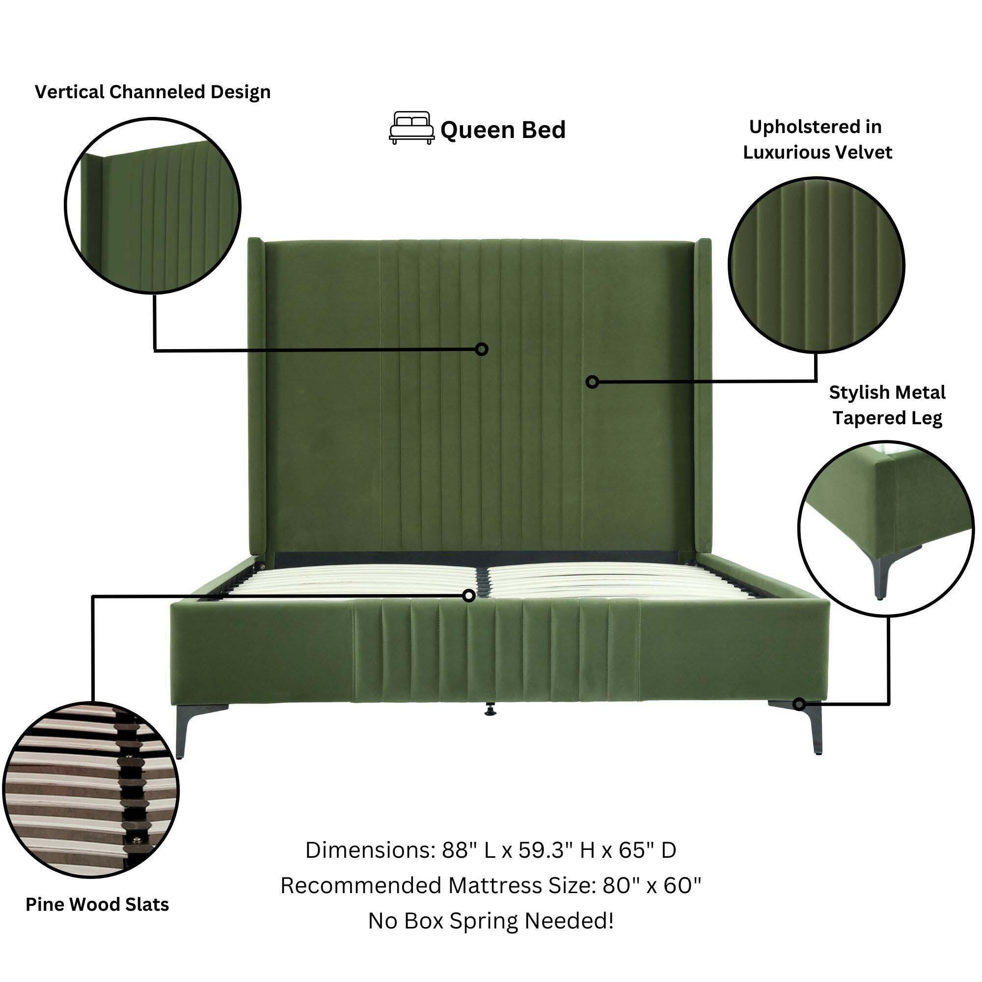 Manhattan Comfort Promenade Queen Wingback Bed, Moss Green, large