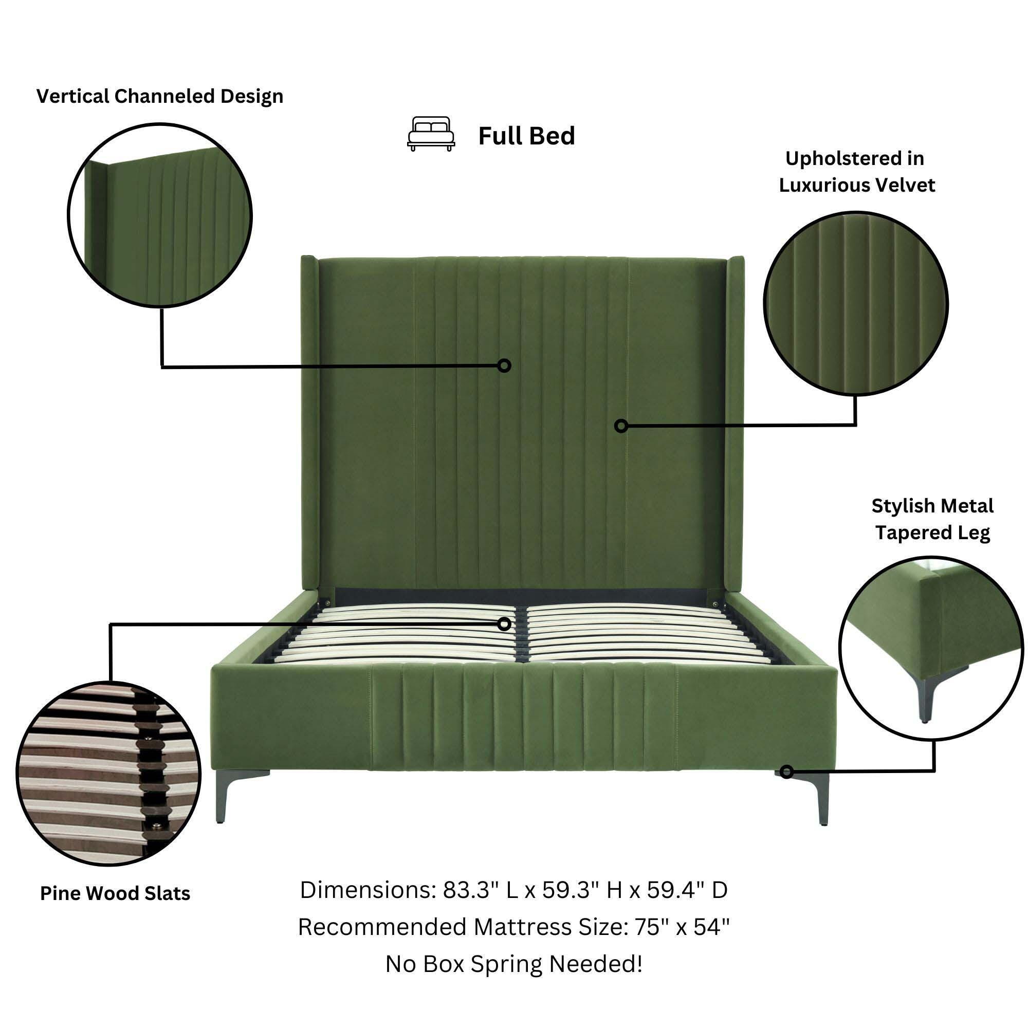 Manhattan Comfort Promenade Full Wingback Bed, Moss Green, large