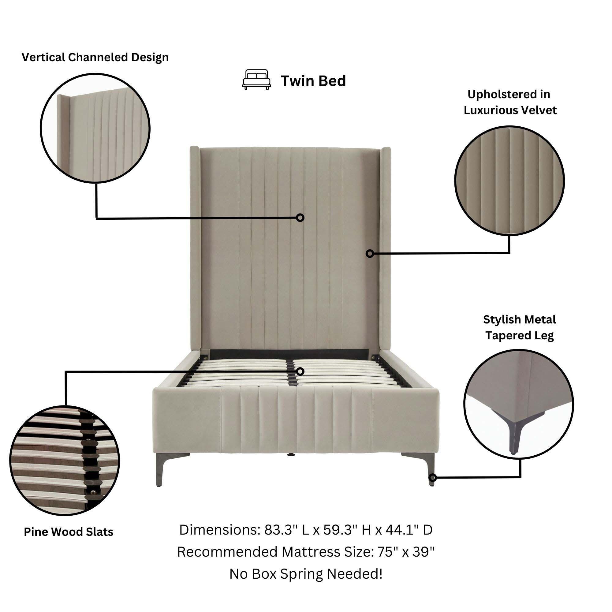 Manhattan Comfort Promenade Twin Wingback Bed, Rustic Taupe, large