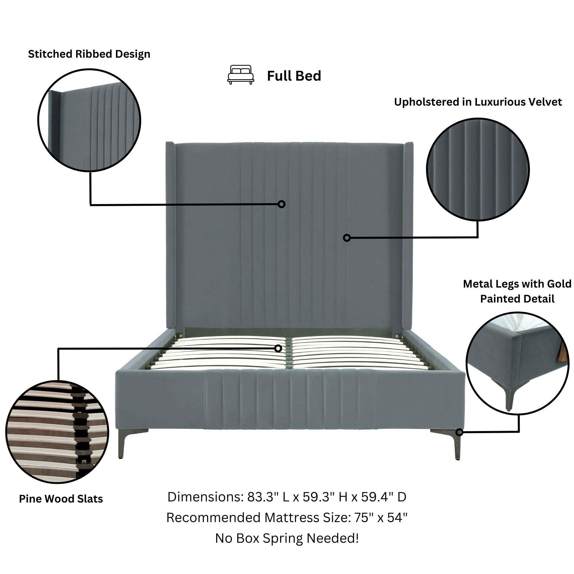 Manhattan Comfort Promenade Full Wingback Bed, Gray, large