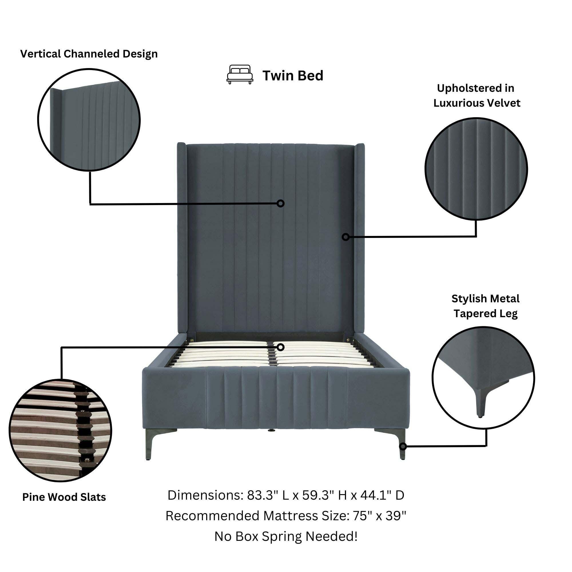 Manhattan Comfort Promenade Twin Wingback Bed, Gray, large