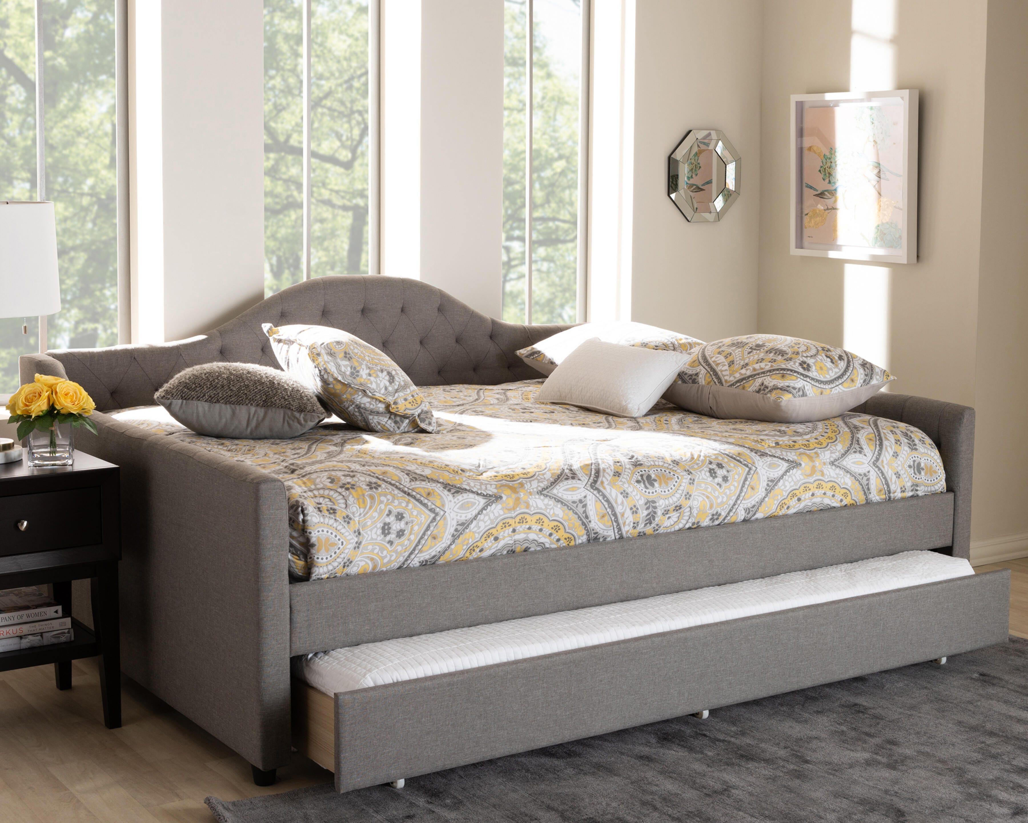 Curved Upholstered Queen Daybed with Trundle, Gray, rollover