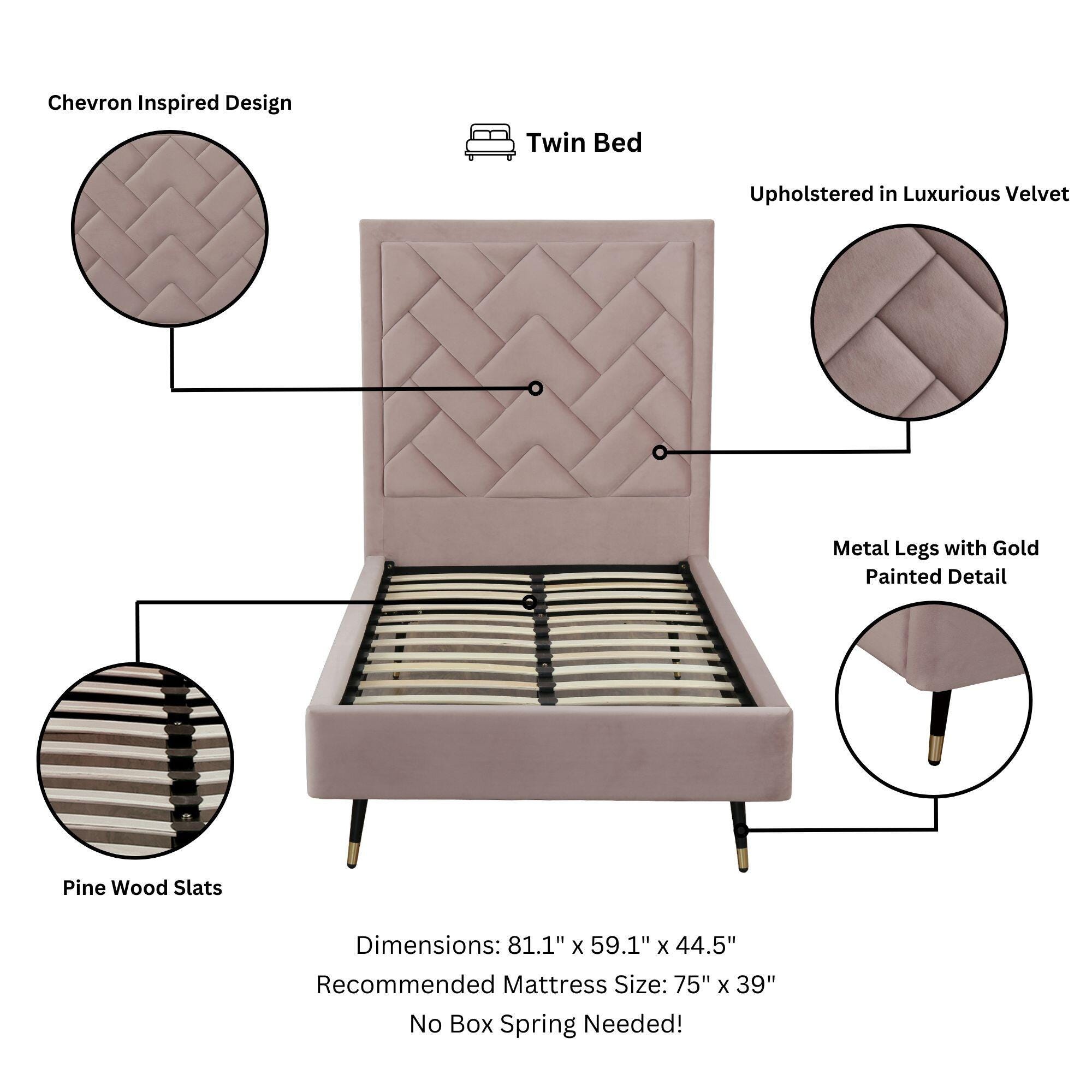 Manhattan Comfort Crosby Twin Platform Bed, Blush, large