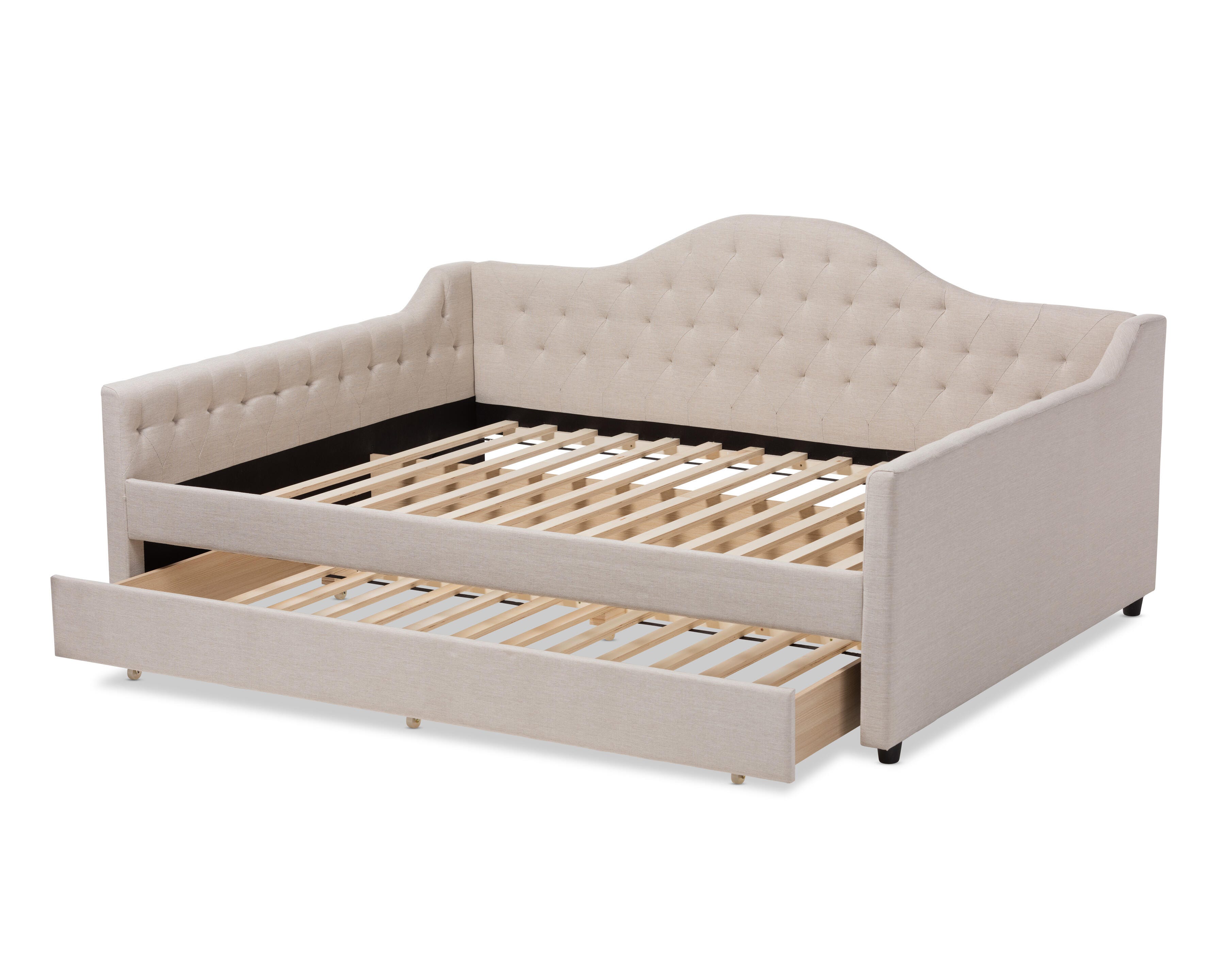 Curved Upholstered Queen Daybed with Trundle, Beige, large