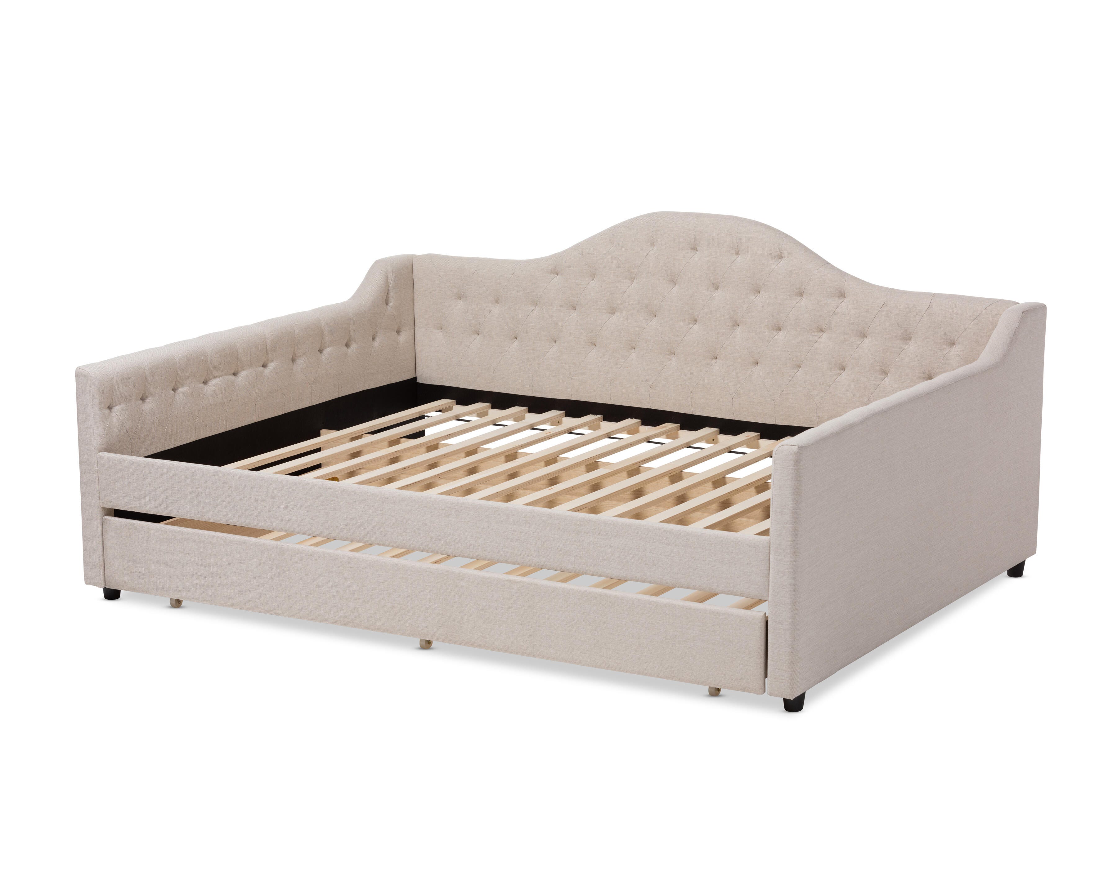 Curved Upholstered Queen Daybed with Trundle, Beige, large