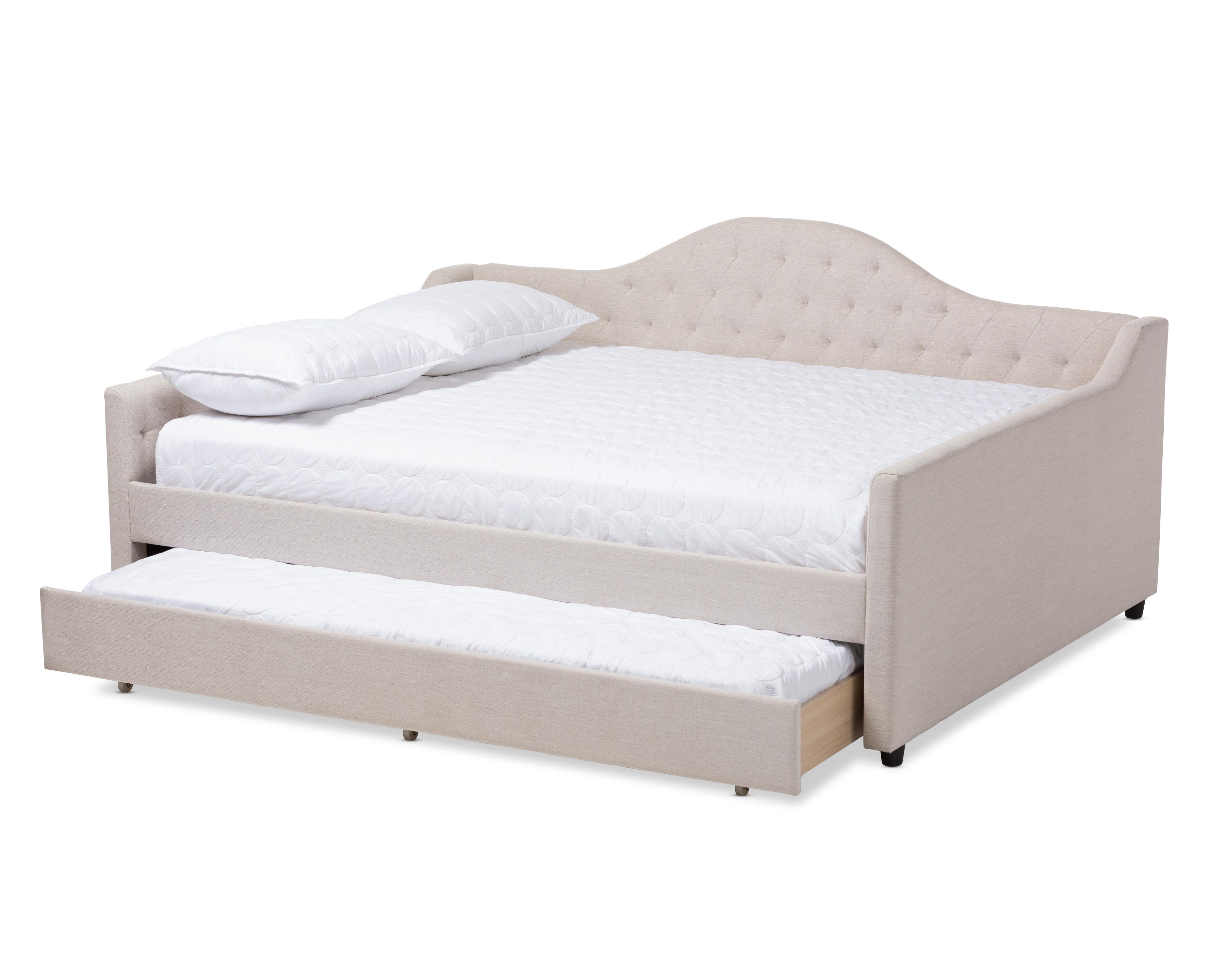 Curved Upholstered Queen Daybed with Trundle, Beige, large