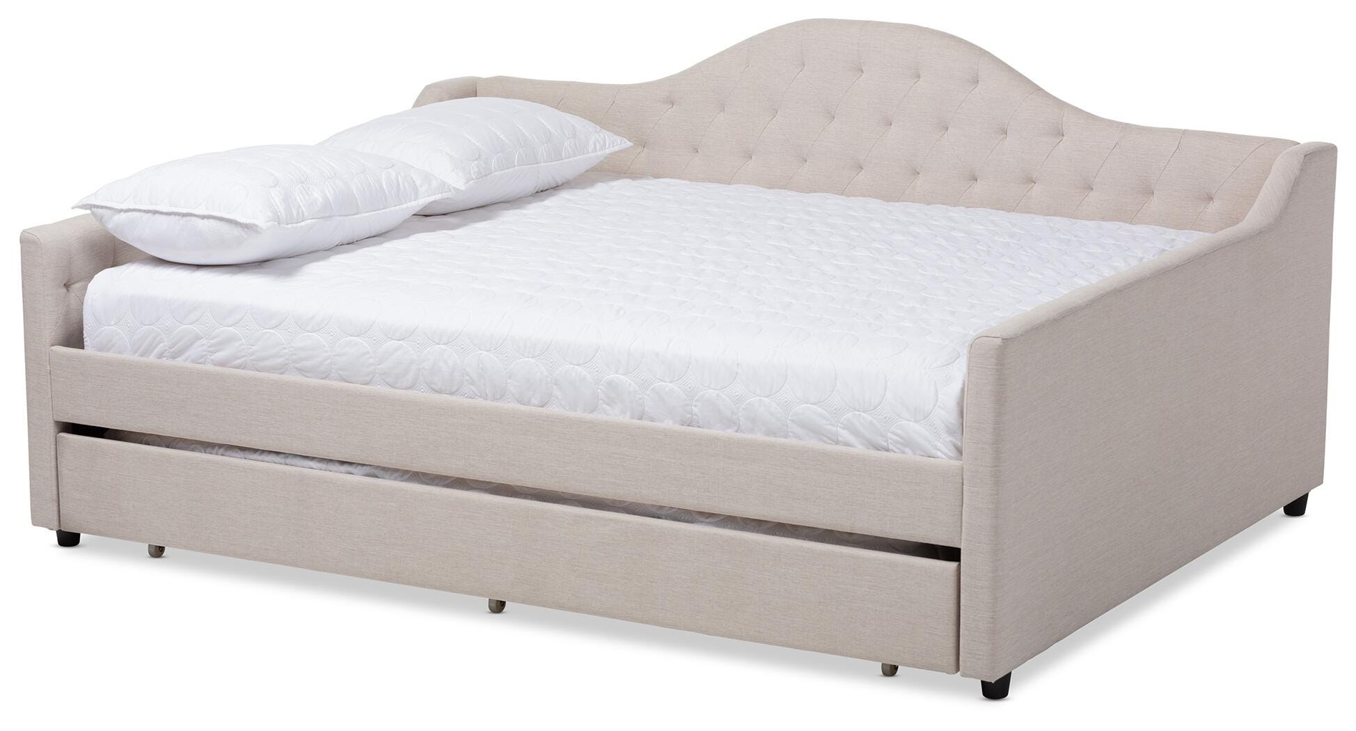 Curved Upholstered Queen Daybed with Trundle, Beige, large