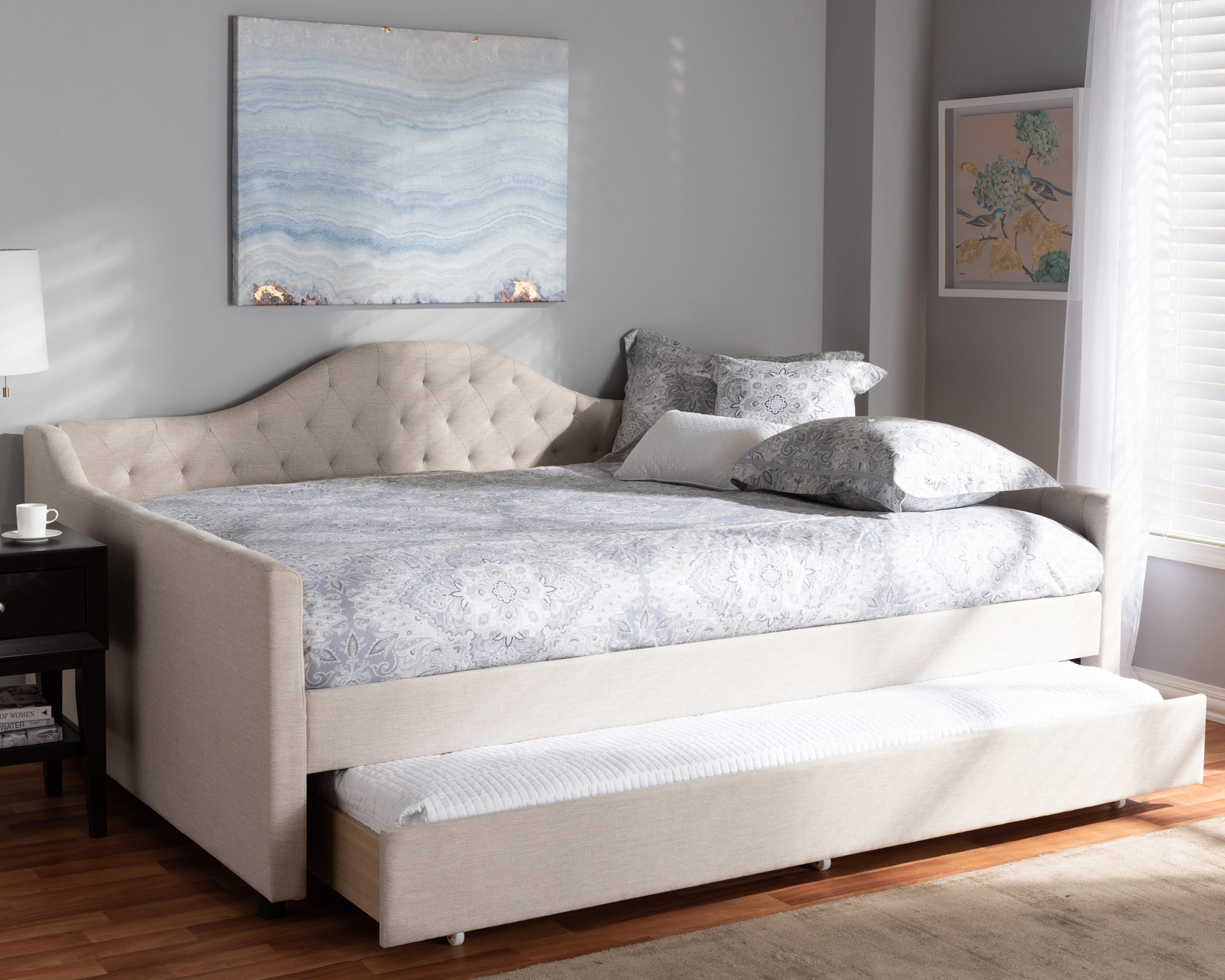 Curved Upholstered Queen Daybed with Trundle, Beige, rollover