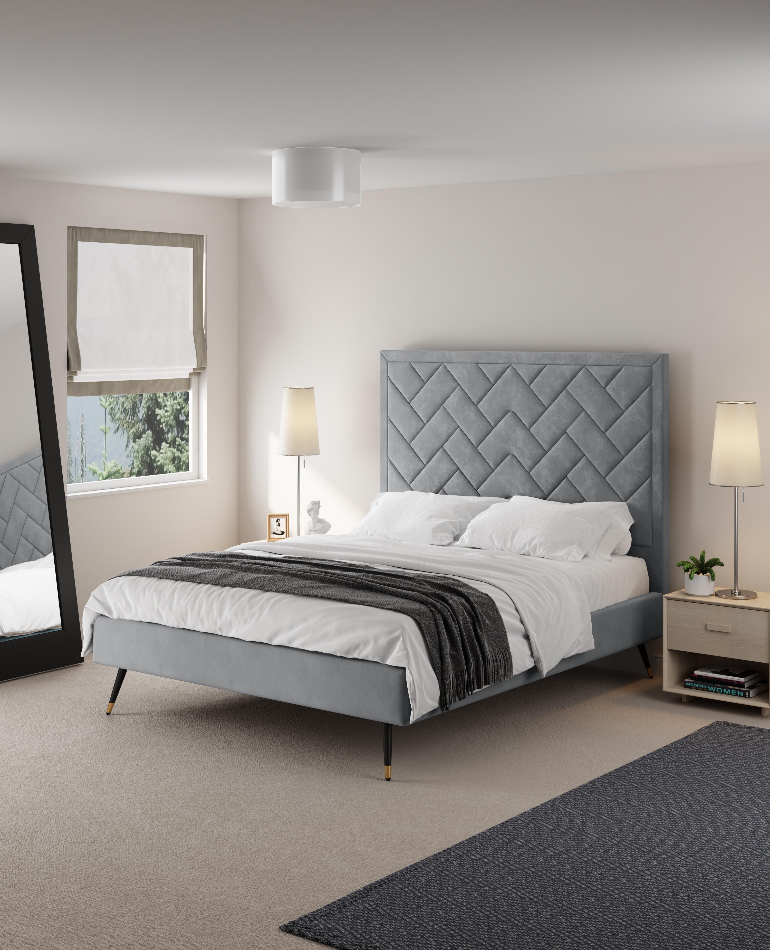 Manhattan Comfort Crosby Queen Upholstered Bed, Gray, rollover