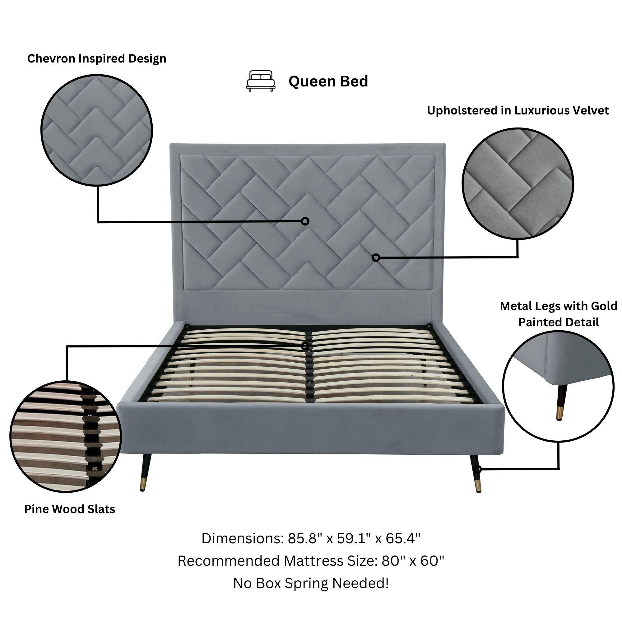 Manhattan Comfort Crosby Queen Upholstered Bed, Gray, large