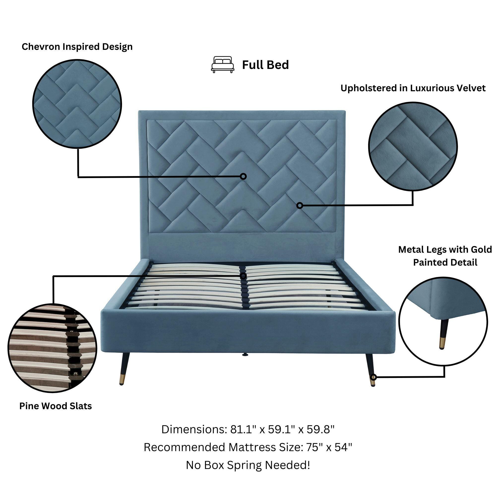 Manhattan Comfort Crosby Full Upholstered Bed, Blue, large