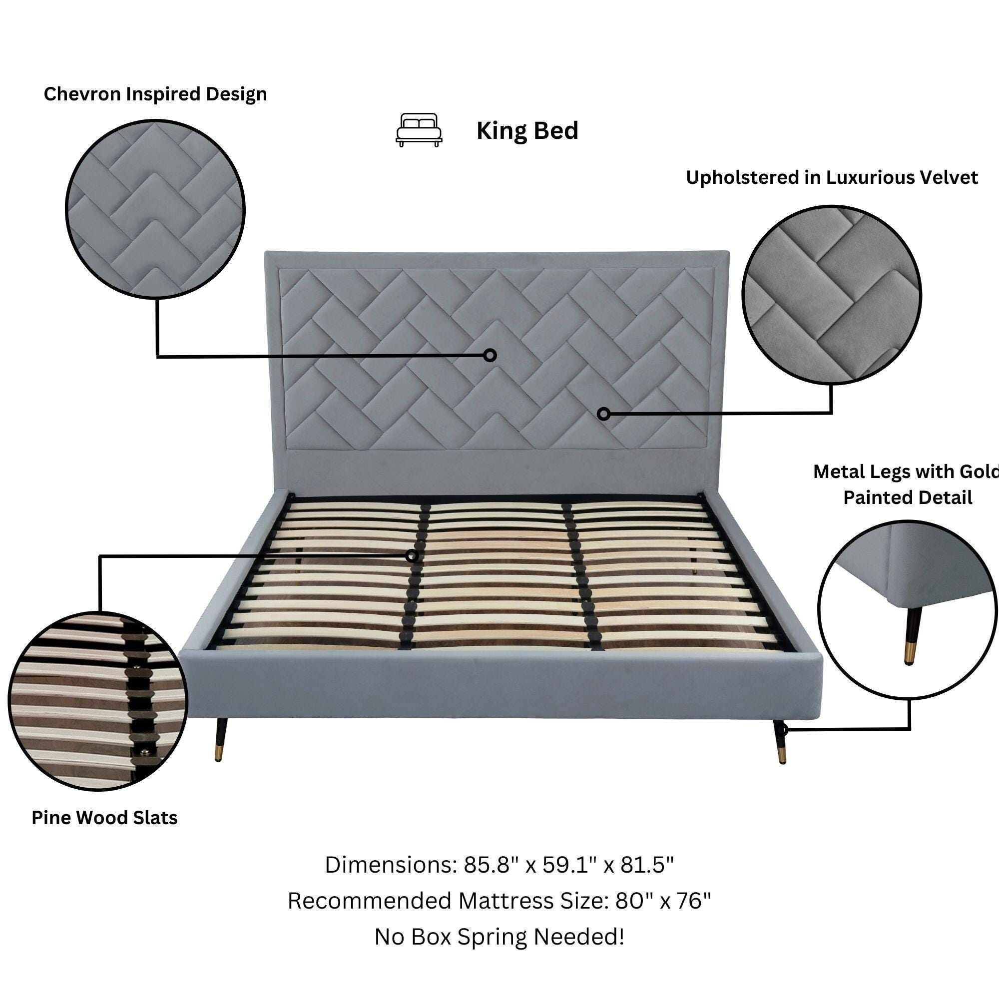 Manhattan Comfort Crosby King Upholstered Bed, Gray, large