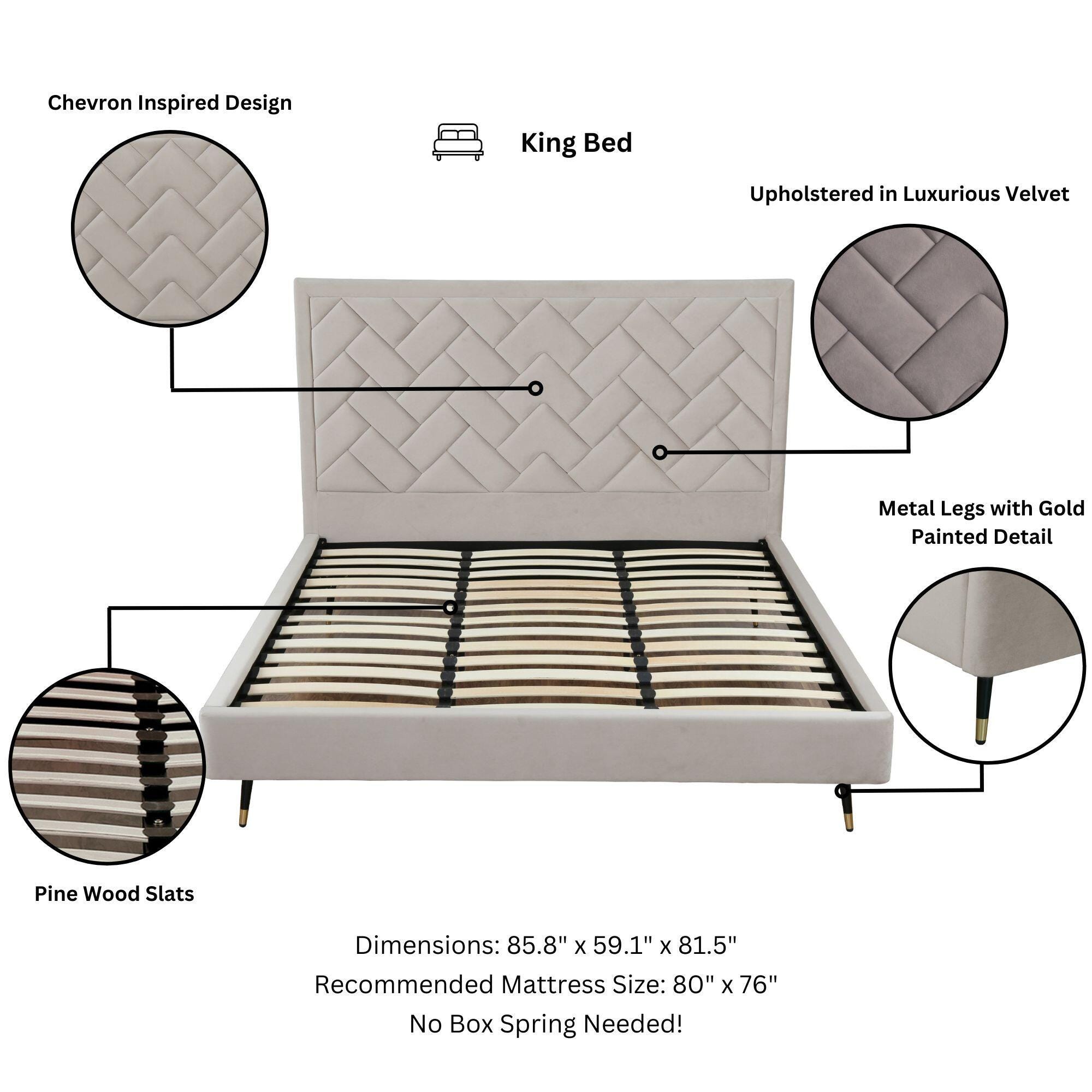 Manhattan Comfort Crosby King Upholstered Bed, Greige, large