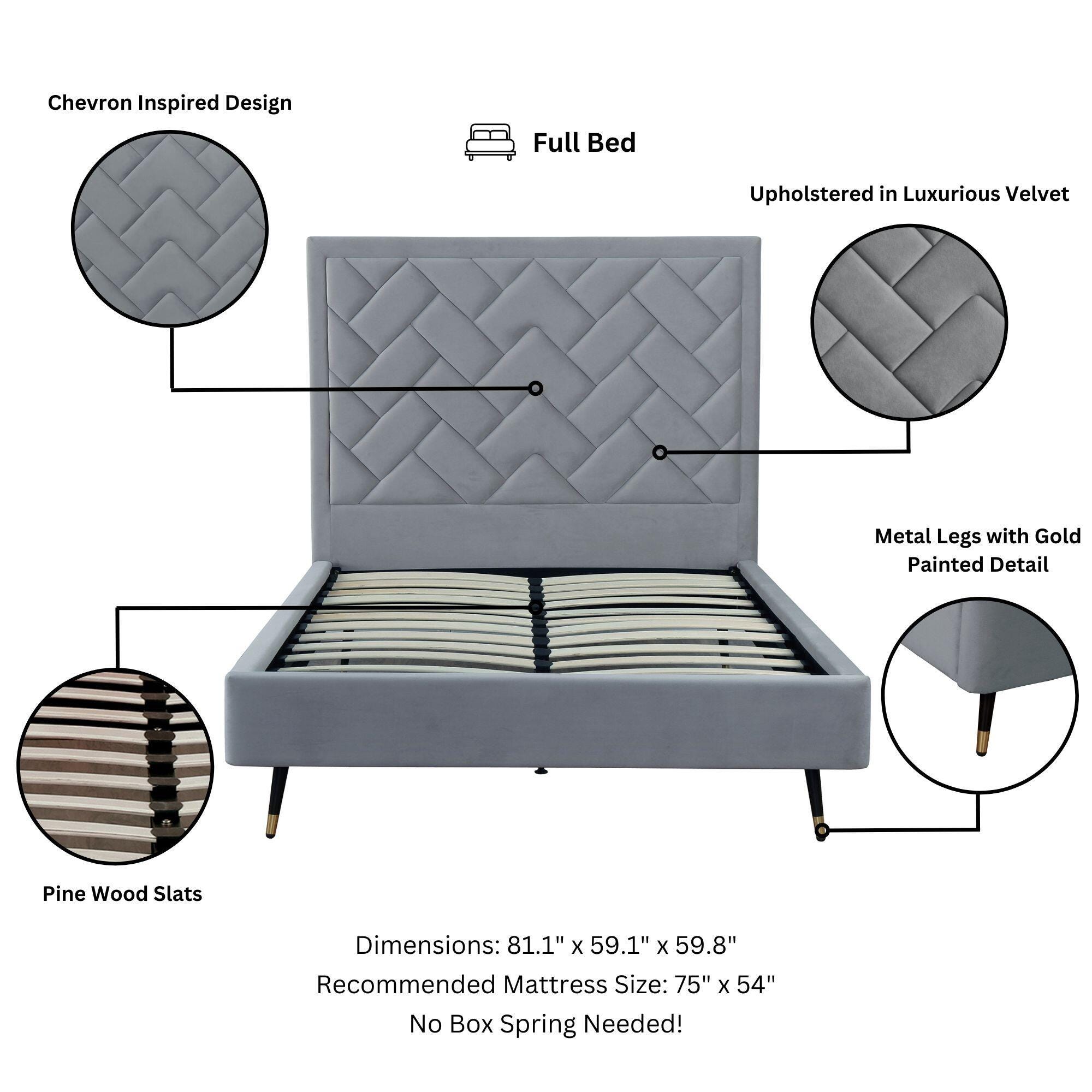 Manhattan Comfort Crosby Full Upholstered Bed, Gray, large
