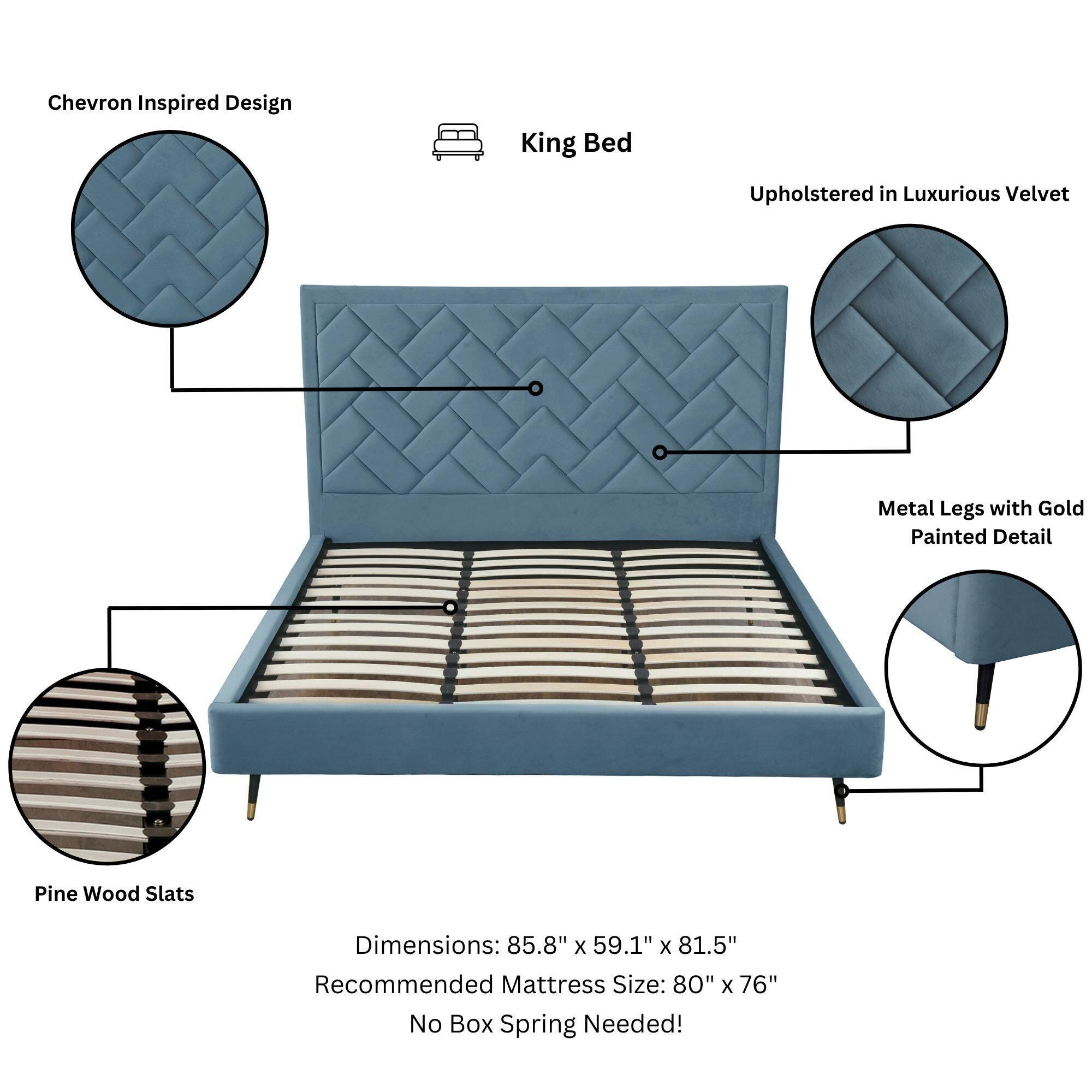 Manhattan Comfort Crosby King Upholstered Bed, Blue, large