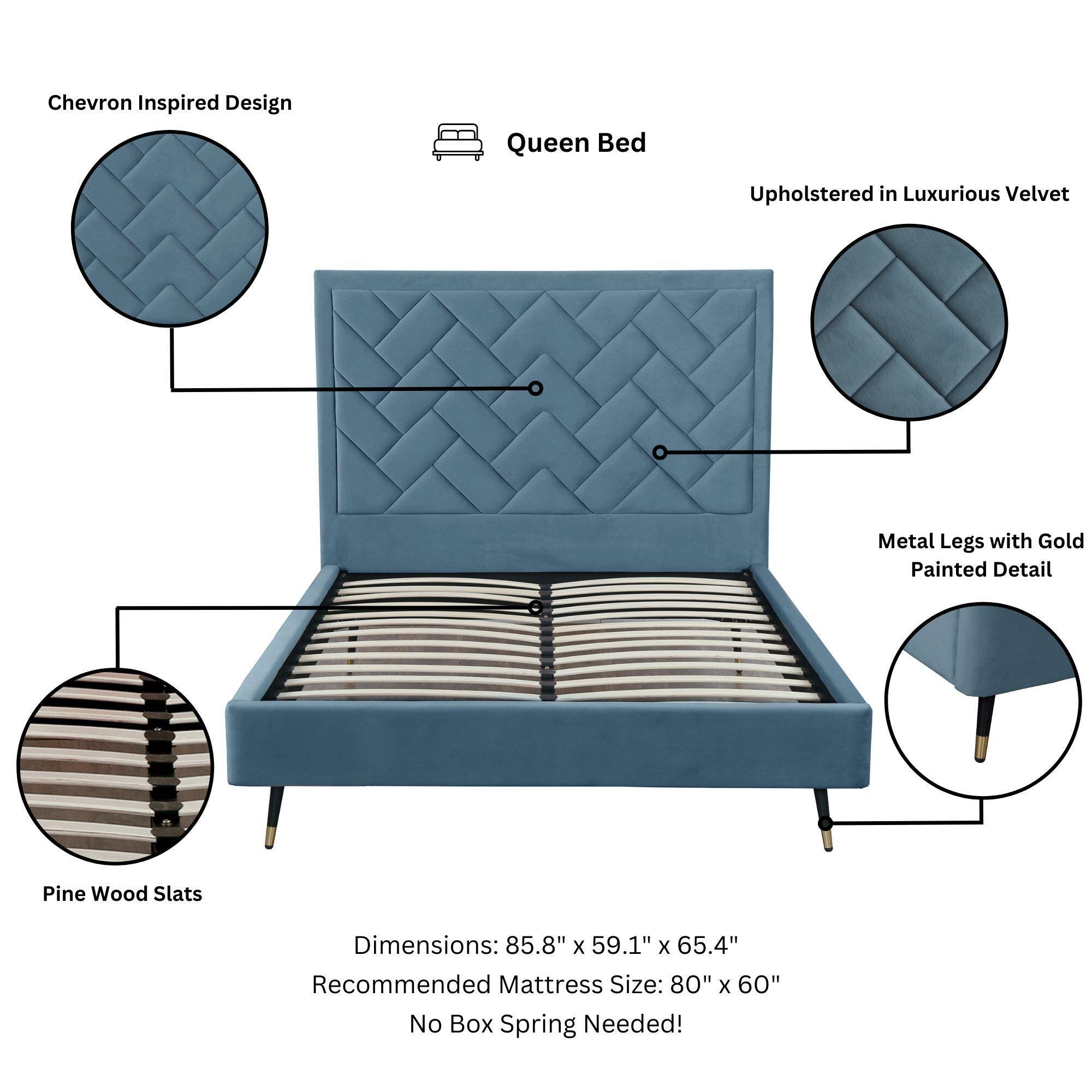 Manhattan Comfort Crosby Queen Upholstered Bed, Blue, large