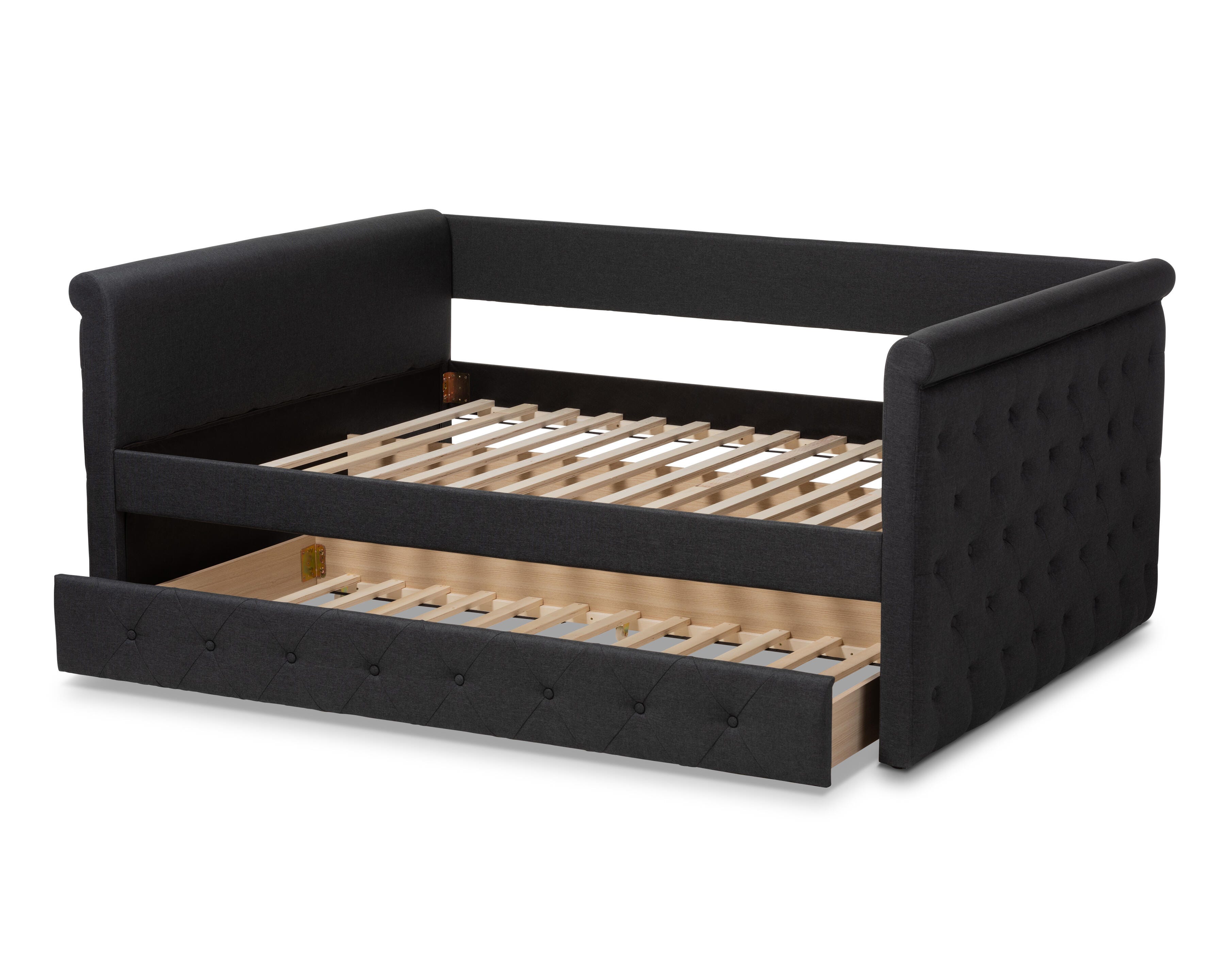 Button Tufted Upholstered Full Daybed with Trundle, Dark Gray, large