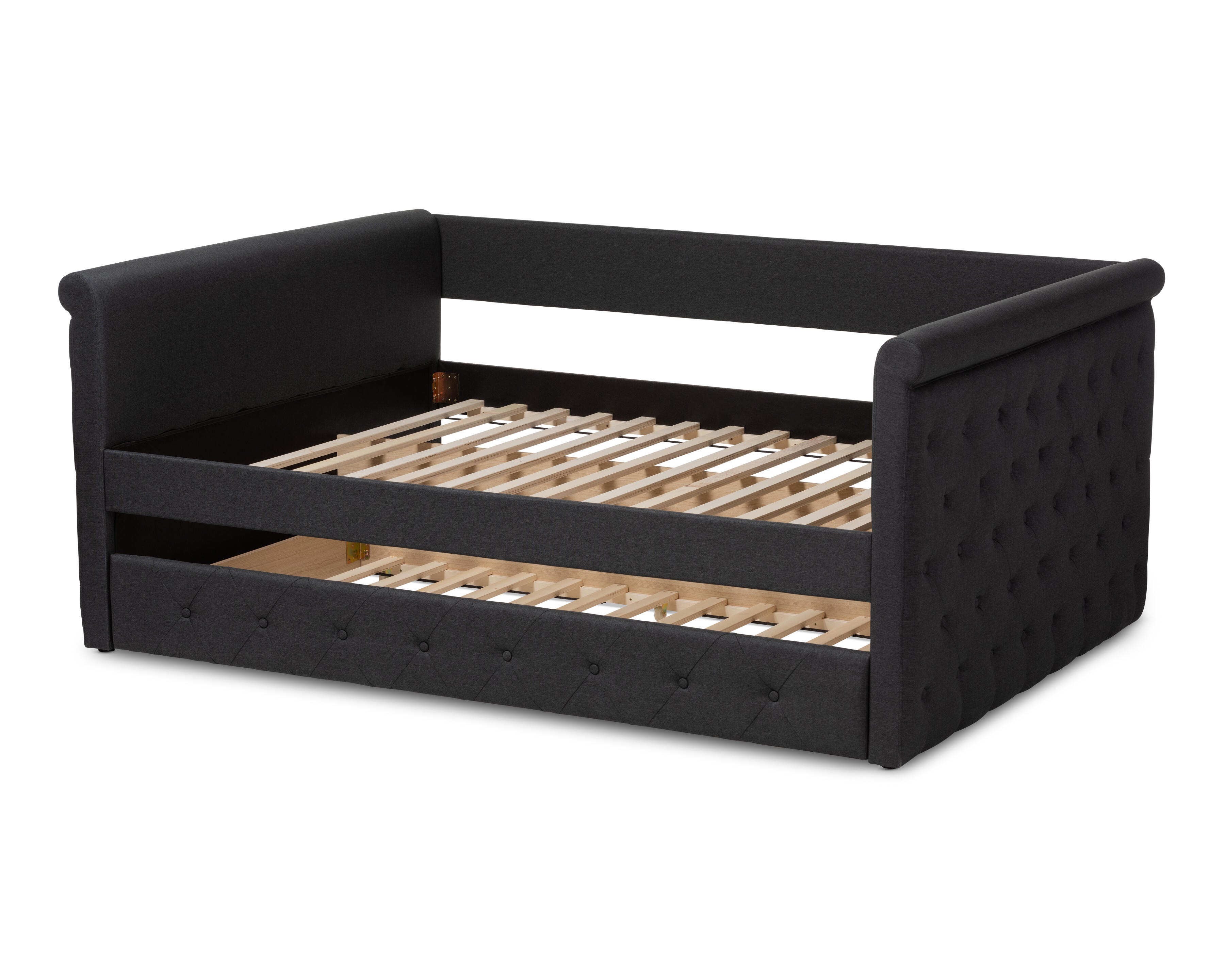 Button Tufted Upholstered Full Daybed with Trundle, Dark Gray, large