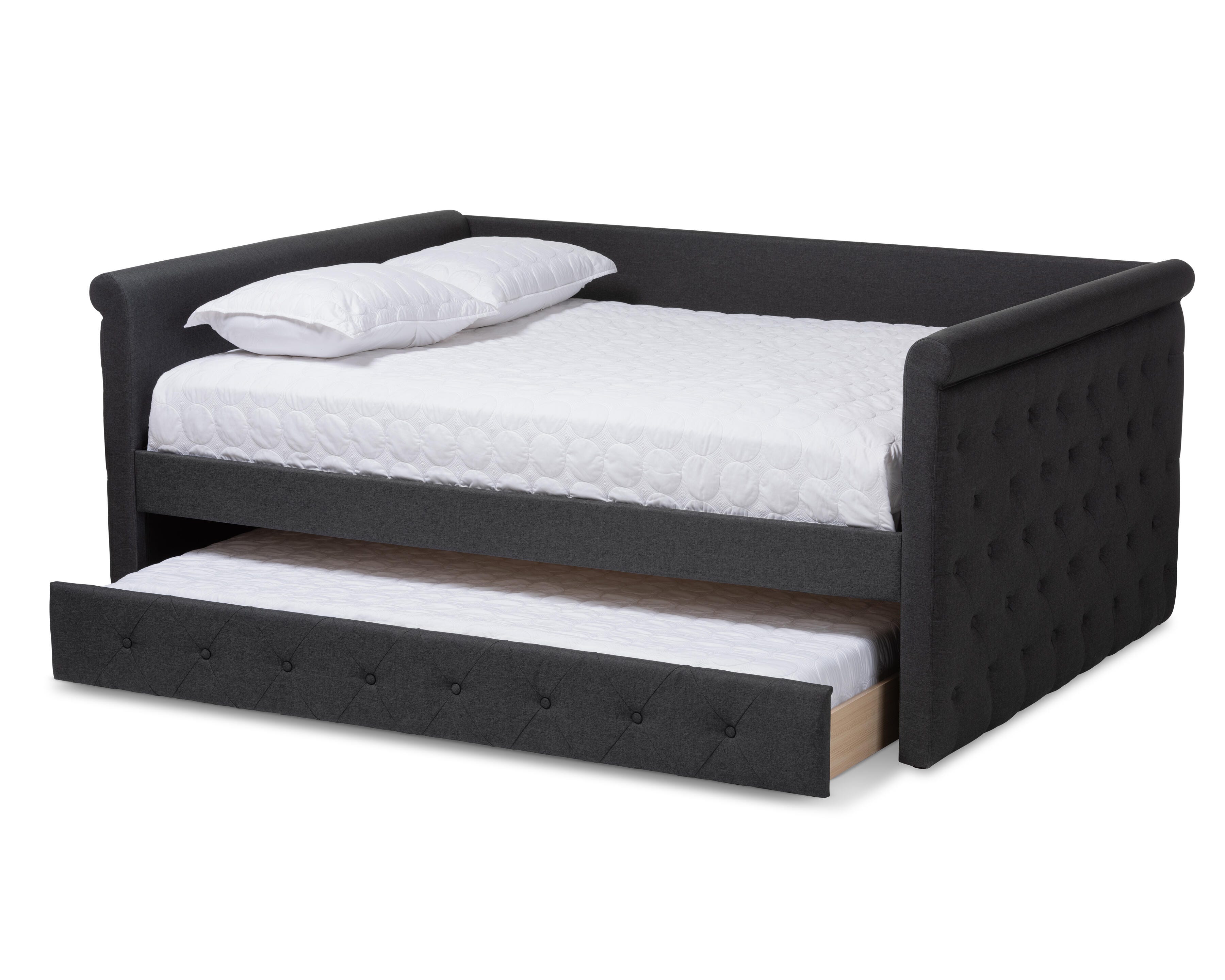 Button Tufted Upholstered Full Daybed with Trundle, Dark Gray, large