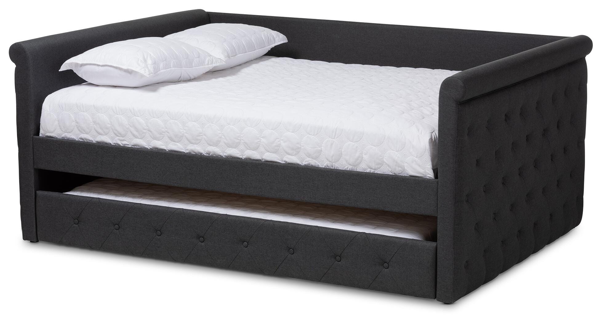 Button Tufted Upholstered Full Daybed with Trundle, Dark Gray, large