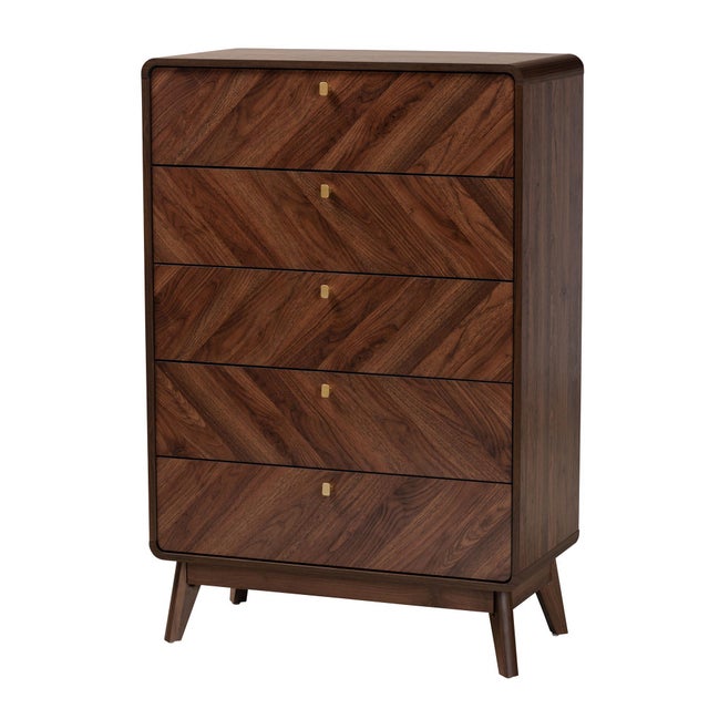 Baxton Studio Markell 32" 5 Drawer Chest, Walnut Brown/Gold