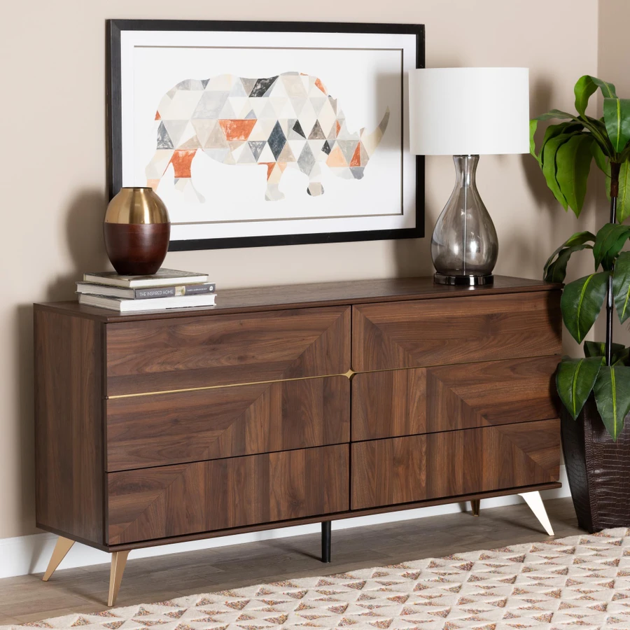 laila slate brown dresser Benjara Lyla Rustic Oak Brown and Brass 7 Drawer 64 in. Dresser without Mirror BM340243