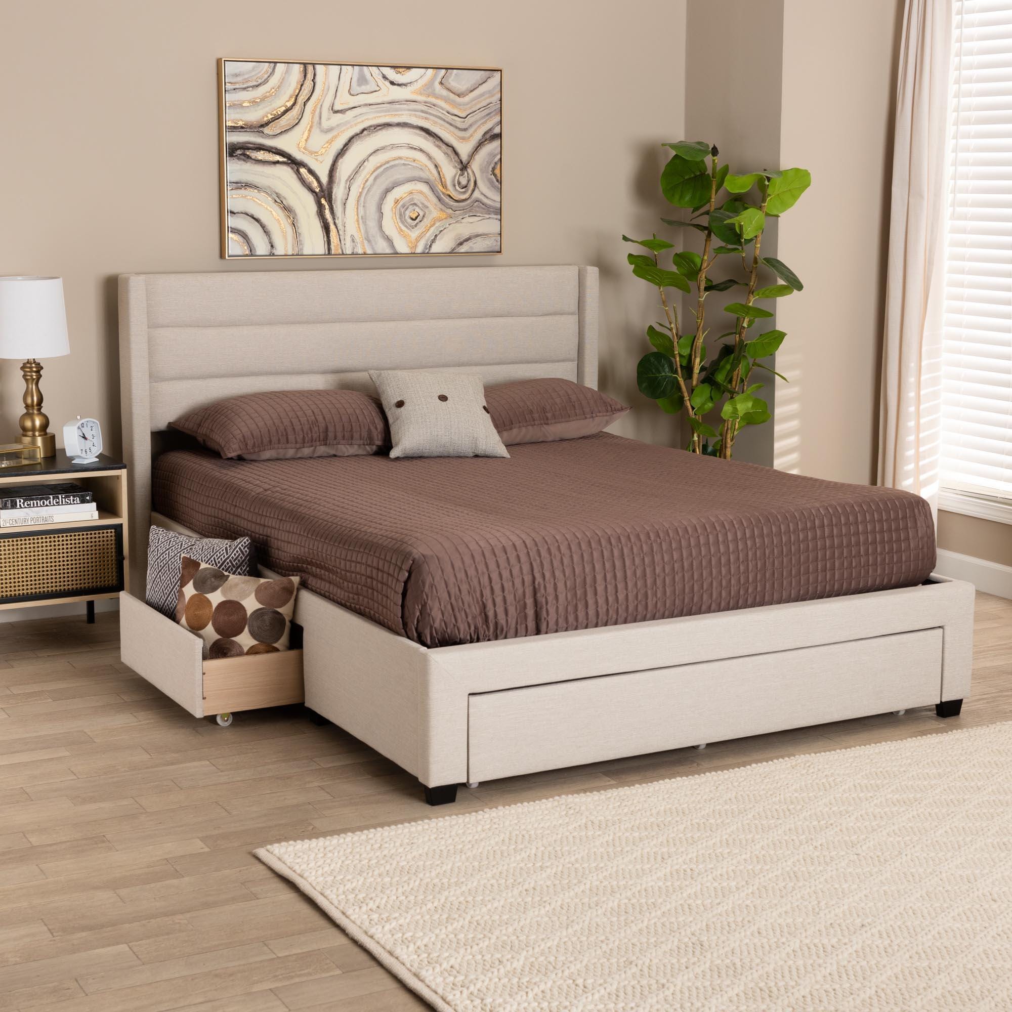 Baxton Studio Braylon Full Panel Platform Bed with 3 Storage Drawers, Beige, large