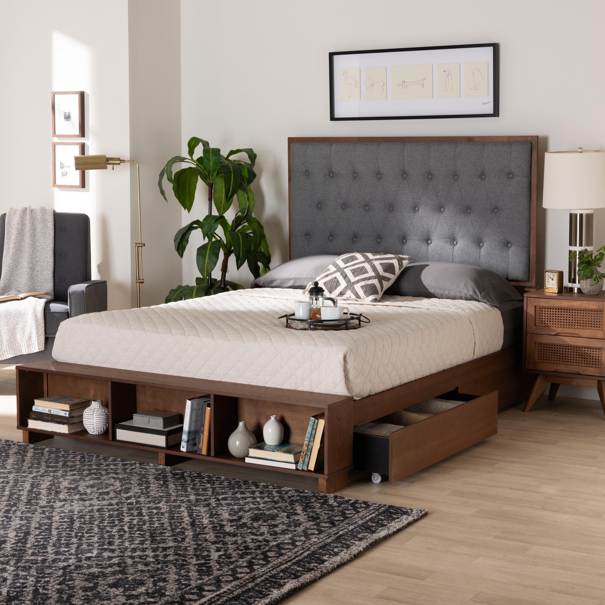 Baxton Studio Jalie King Panel Platform Storage Bed, Gray/Walnut Brown, large