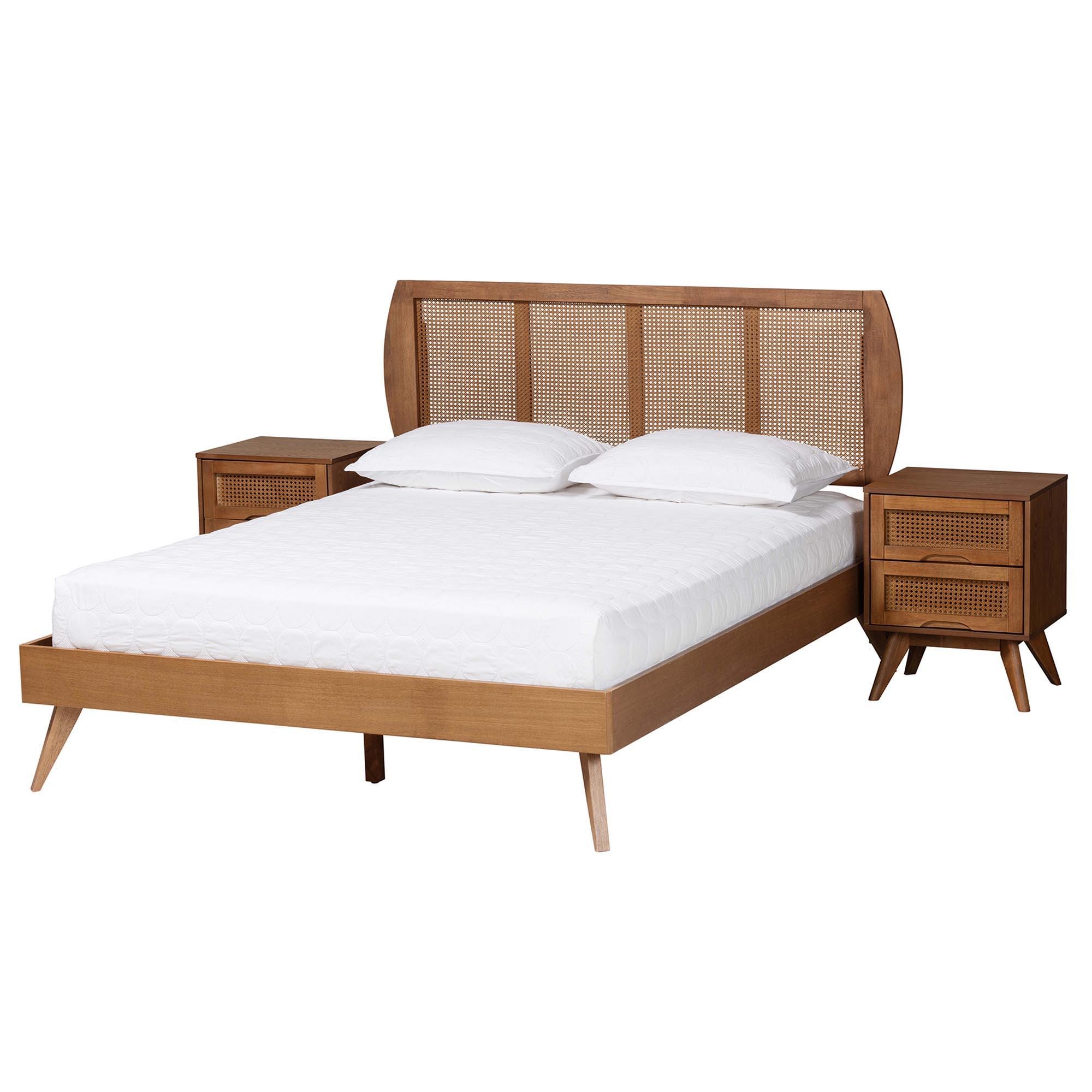 Baxton Studio Asami Full Panel Bed with 2 Nightstands, Walnut Brown, large