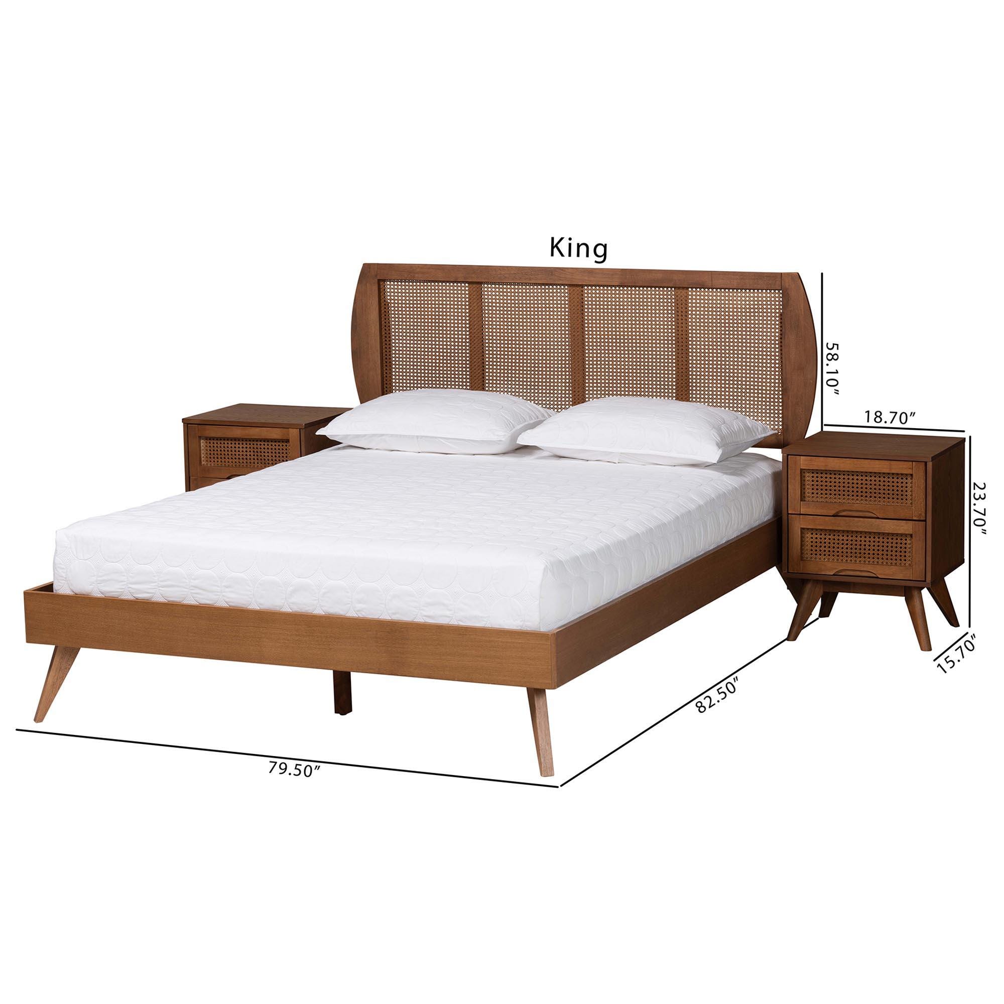 Baxton Studio Asami King Panel Bed with 2 Nightstands, Walnut Brown, large