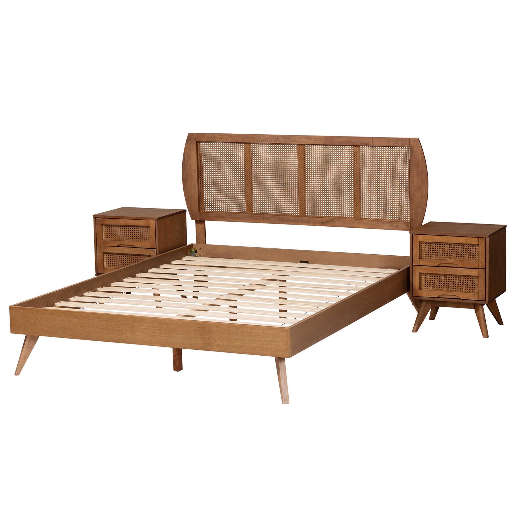 Baxton Studio Asami King Panel Bed with 2 Nightstands, Walnut Brown, large