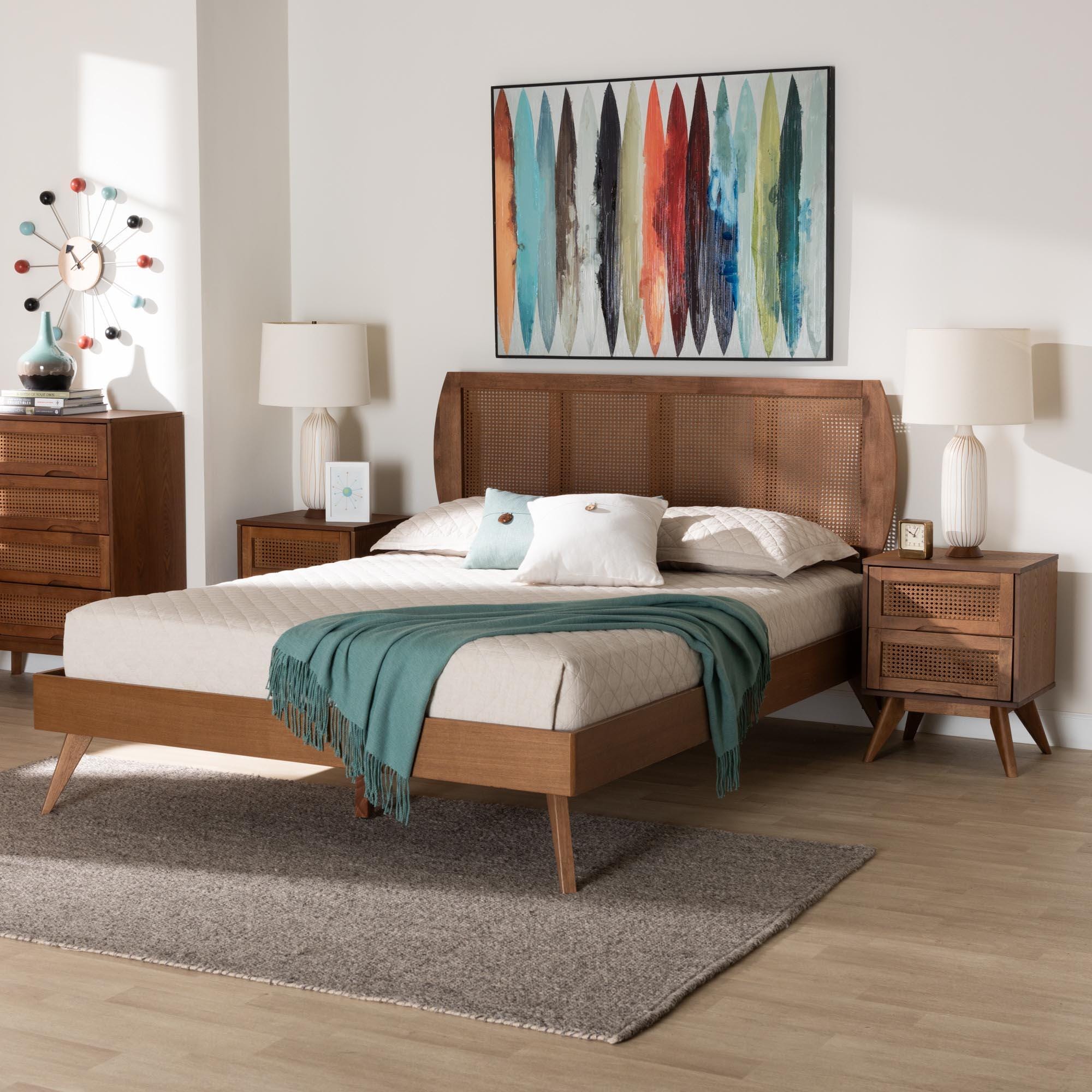 Baxton Studio Asami Queen Panel Bed with 2 Nightstands, Walnut Brown, rollover