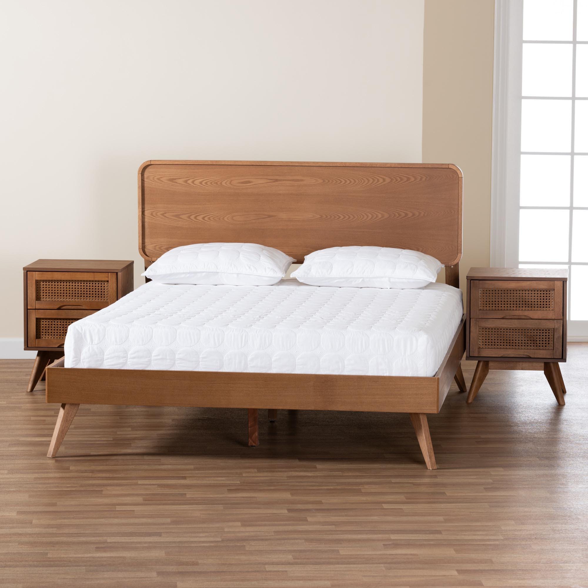 Baxton Studio Demeter Full Panel Bed with 2 Nightstands, Walnut Brown, large