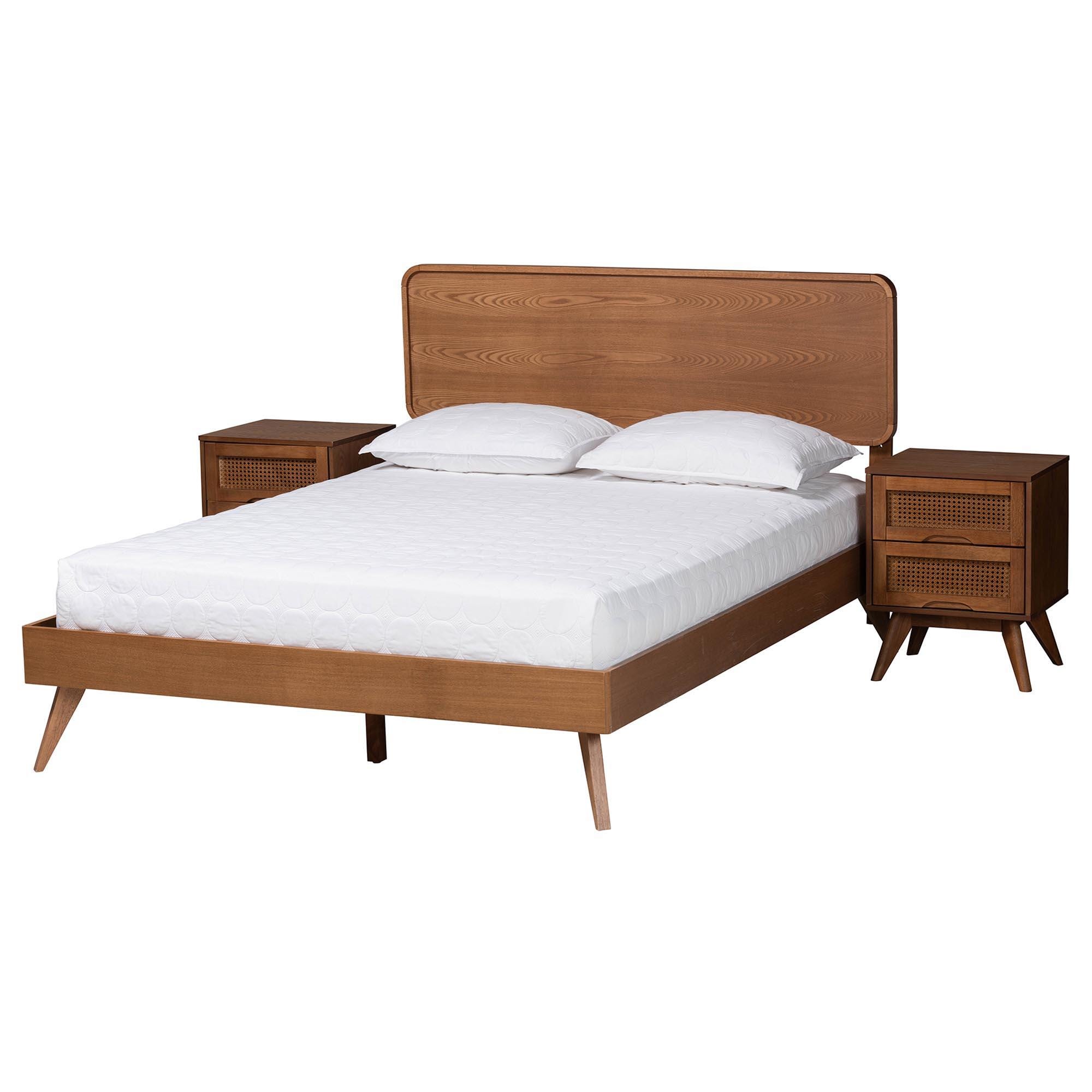 Baxton Studio Demeter Full Panel Bed with 2 Nightstands, Walnut Brown, large