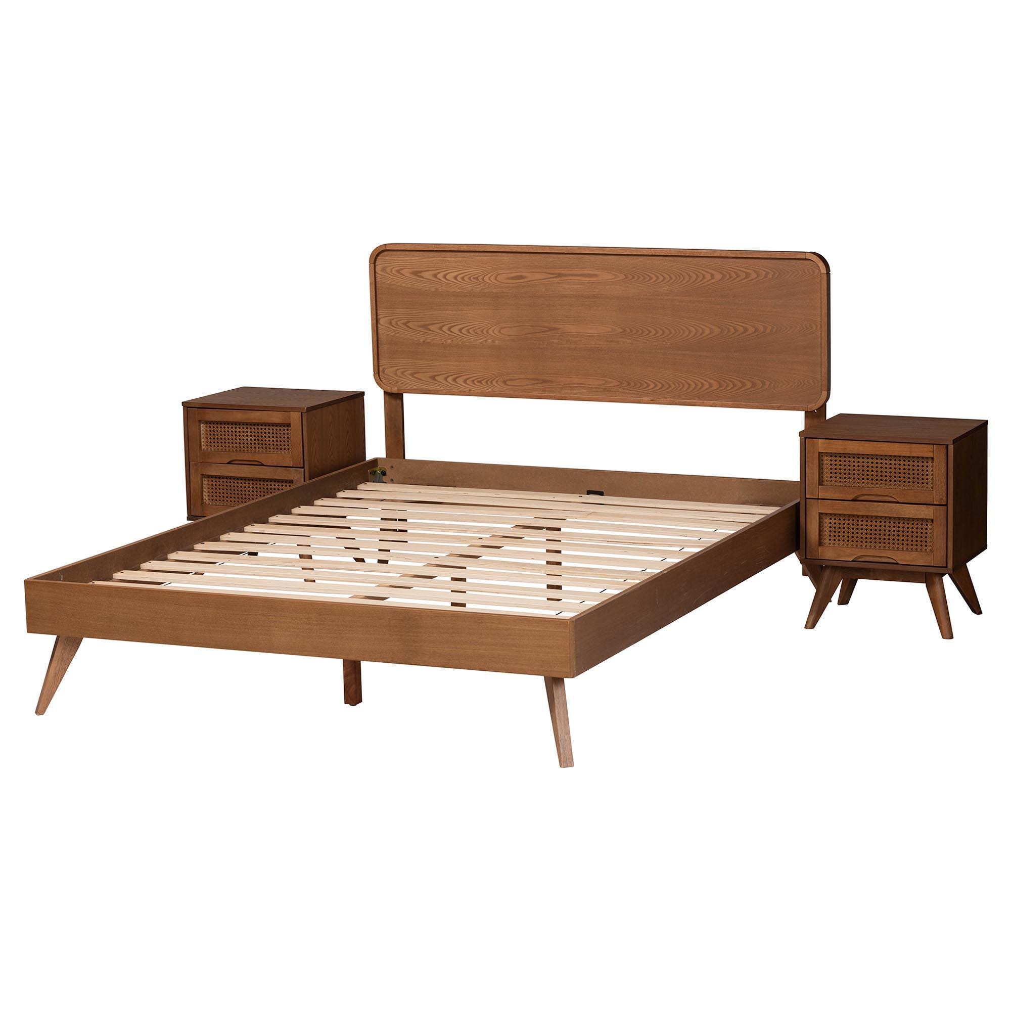 Baxton Studio Demeter Full Panel Bed with 2 Nightstands, Walnut Brown, large