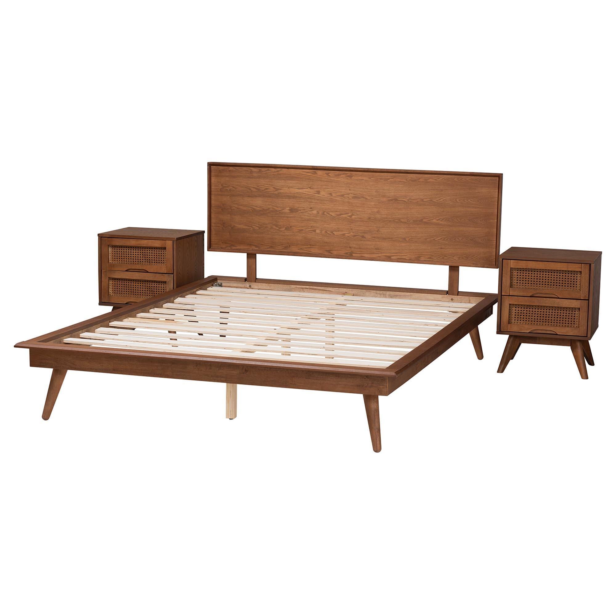 Baxton Studio Melora Queen Panel Bed with 2 Nightstands, Walnut Brown/Brown, large
