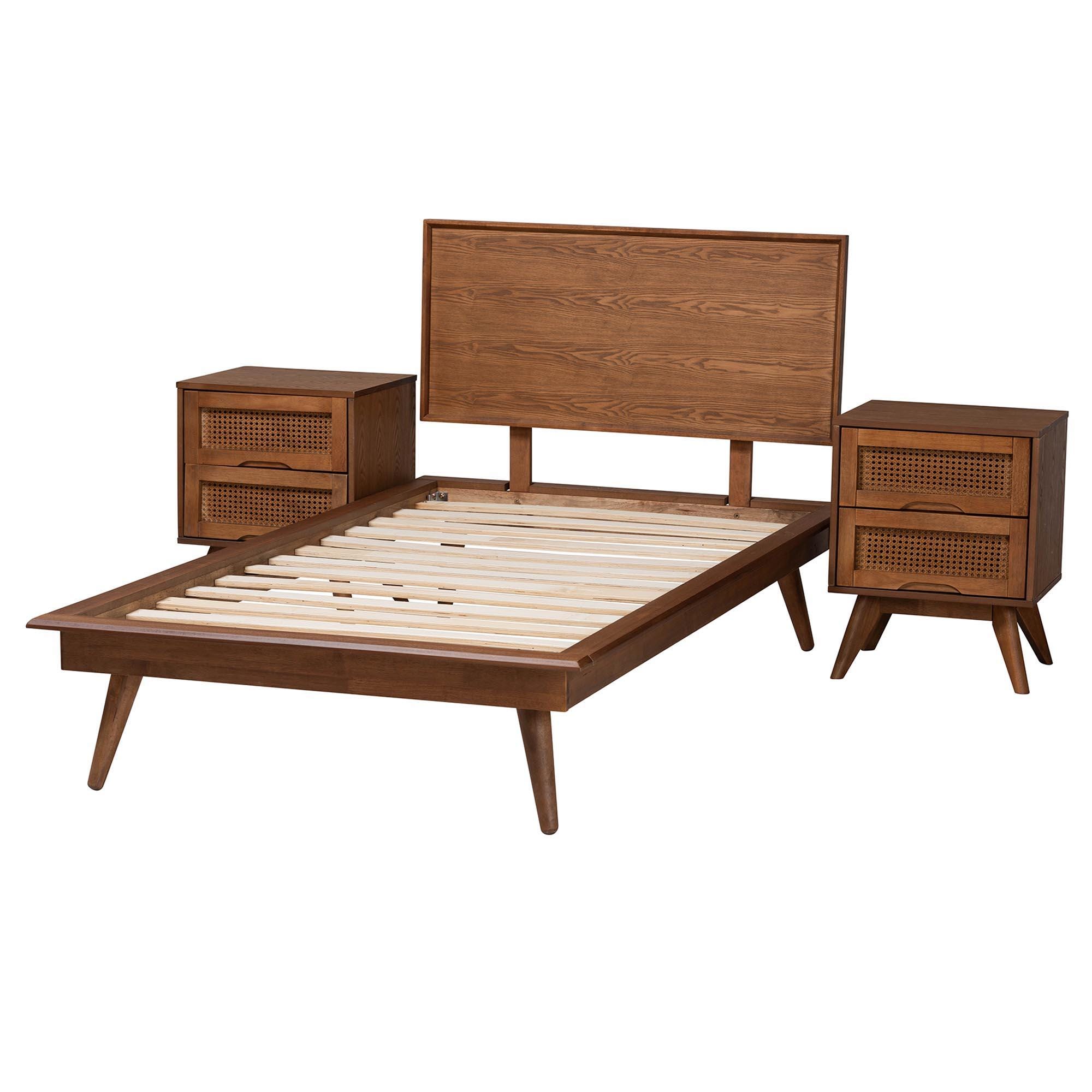 Baxton Studio Melora Twin Panel Bed with 2 Nightstands, Walnut Brown/Brown, large