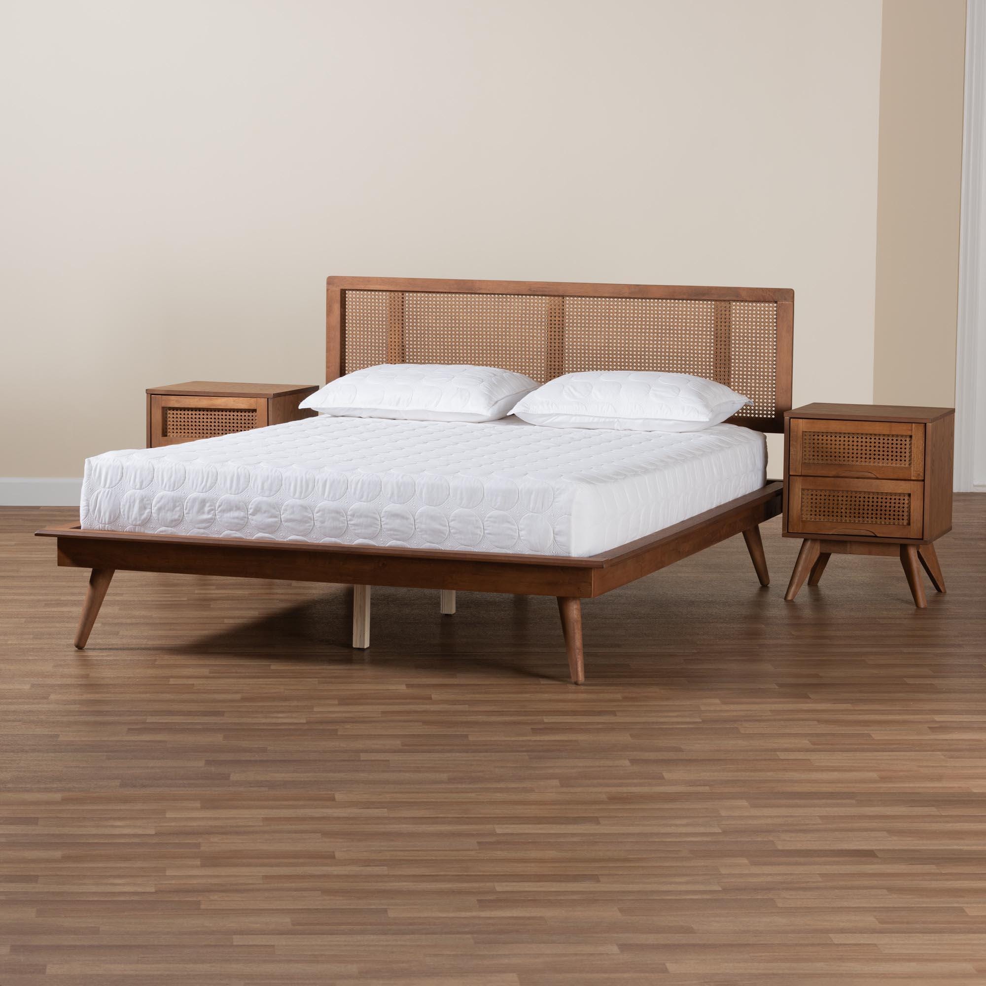 Baxton Studio Nura Full Panel Bed with 2 Nightstands, Walnut Brown/Brown, large