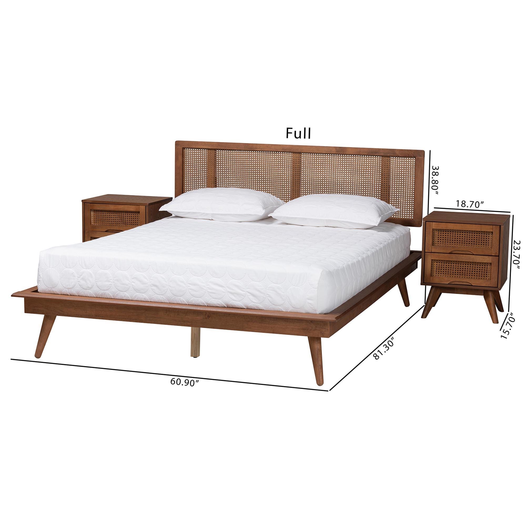 Baxton Studio Nura Full Panel Bed with 2 Nightstands, Walnut Brown/Brown, large
