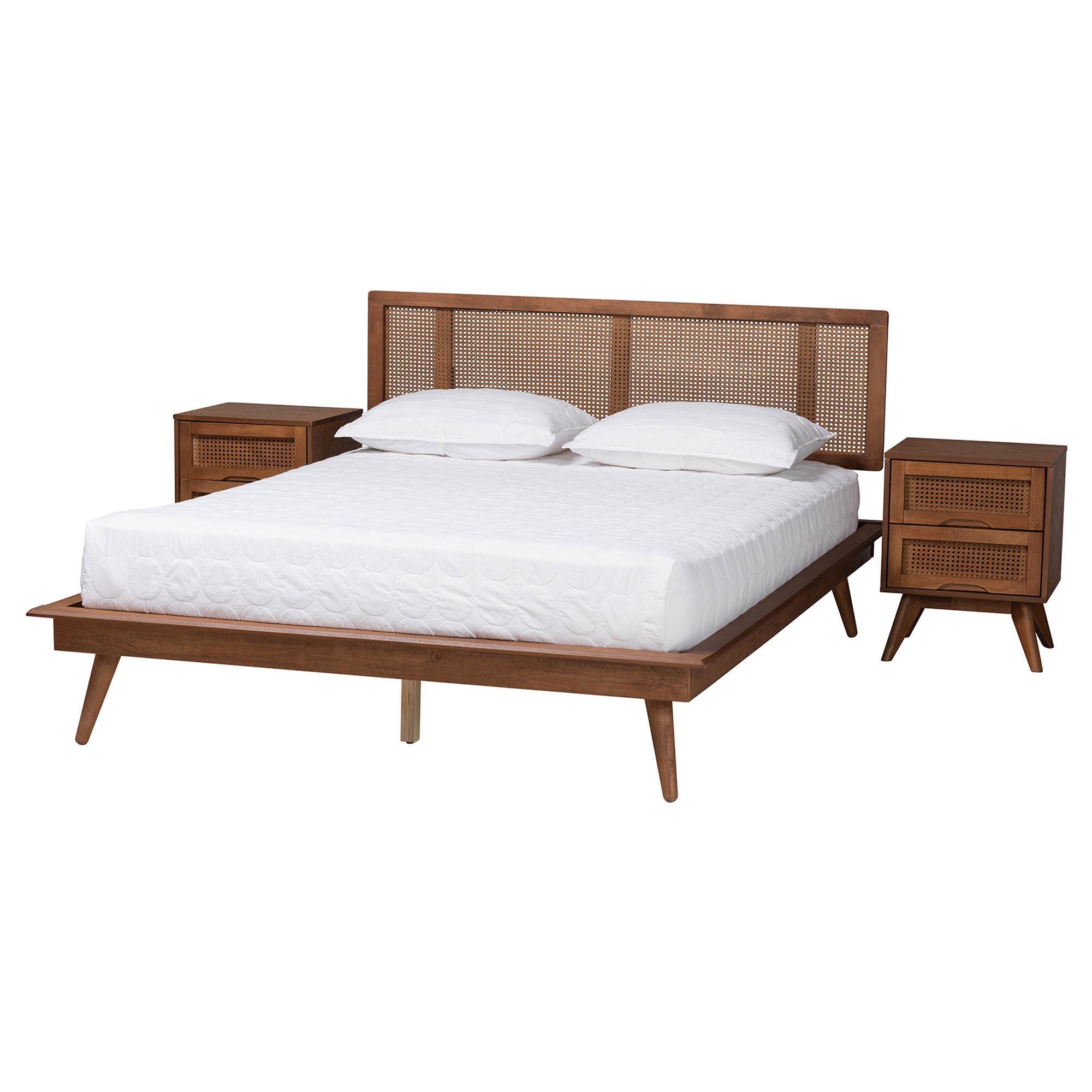 Baxton Studio Nura Full Panel Bed with 2 Nightstands, Walnut Brown/Brown, large