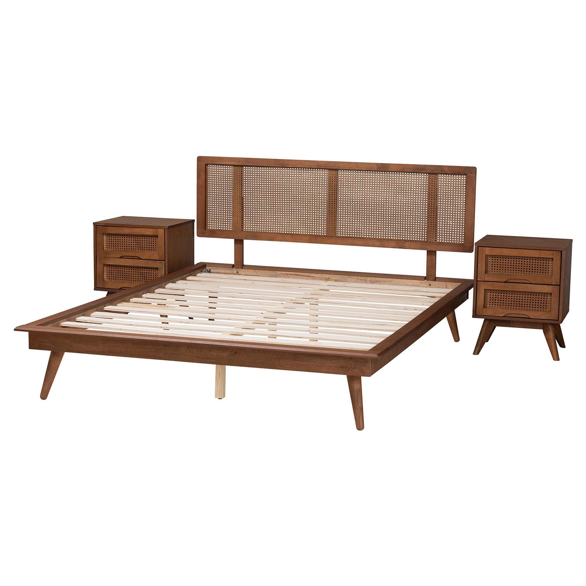 Baxton Studio Nura Full Panel Bed with 2 Nightstands, Walnut Brown/Brown, large