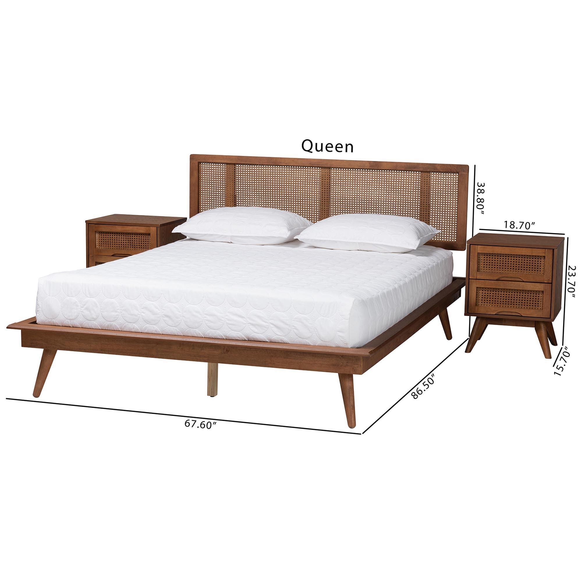 Baxton Studio Nura Queen Panel Bed with 2 Nightstands, Walnut Brown/Brown, large